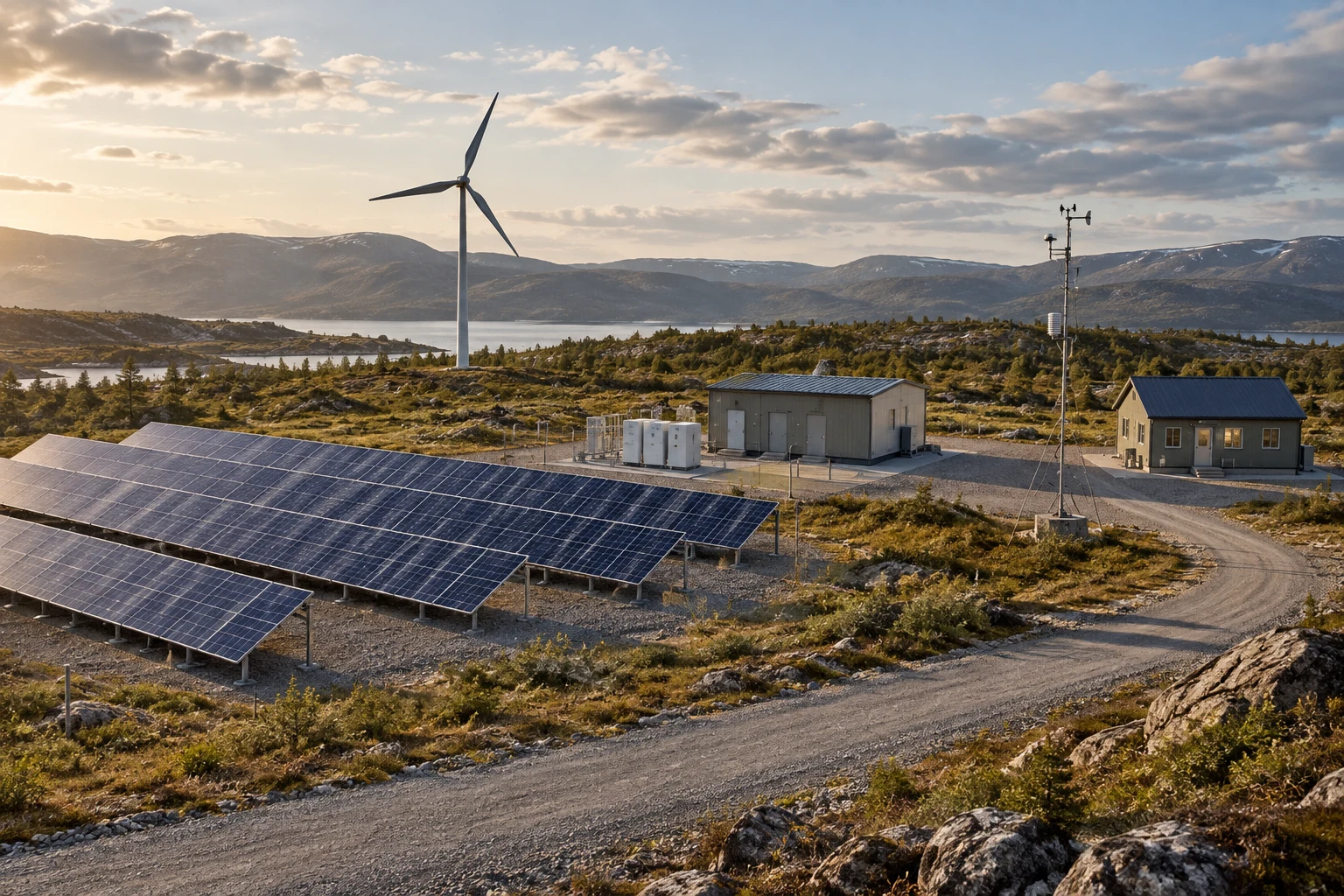 Remote renewable site supplying off grid electricity to separated service and load buildings