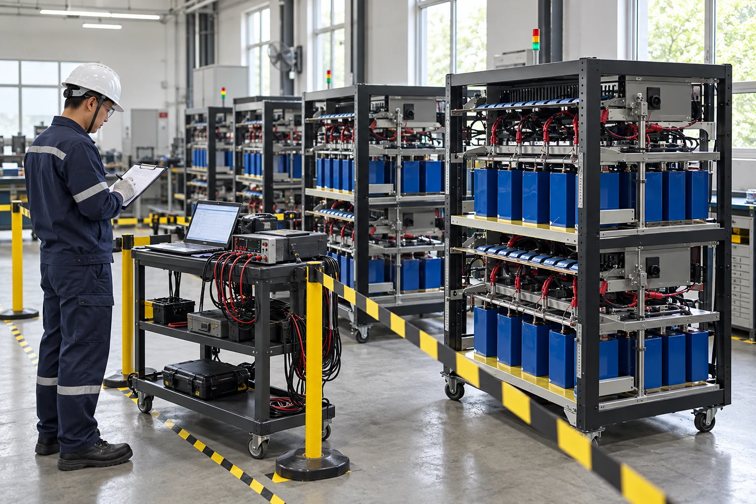 Technician recording measurements from blue battery modules during acceptance testing