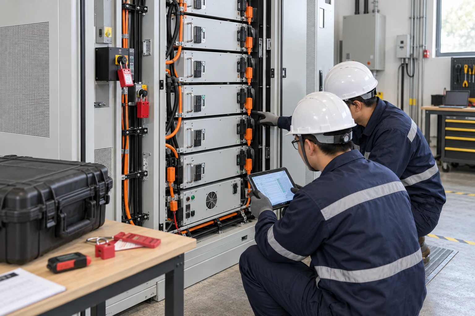 Two technicians reviewing a modular battery rack during off-grid system maintenance
