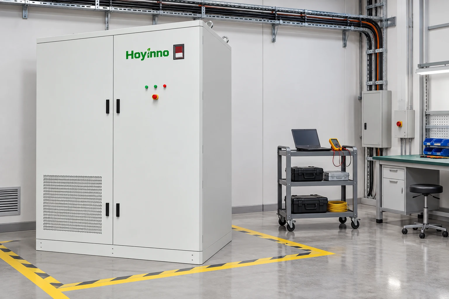 Hoyinno energy storage cabinet in a commissioning bay for load and battery sizing