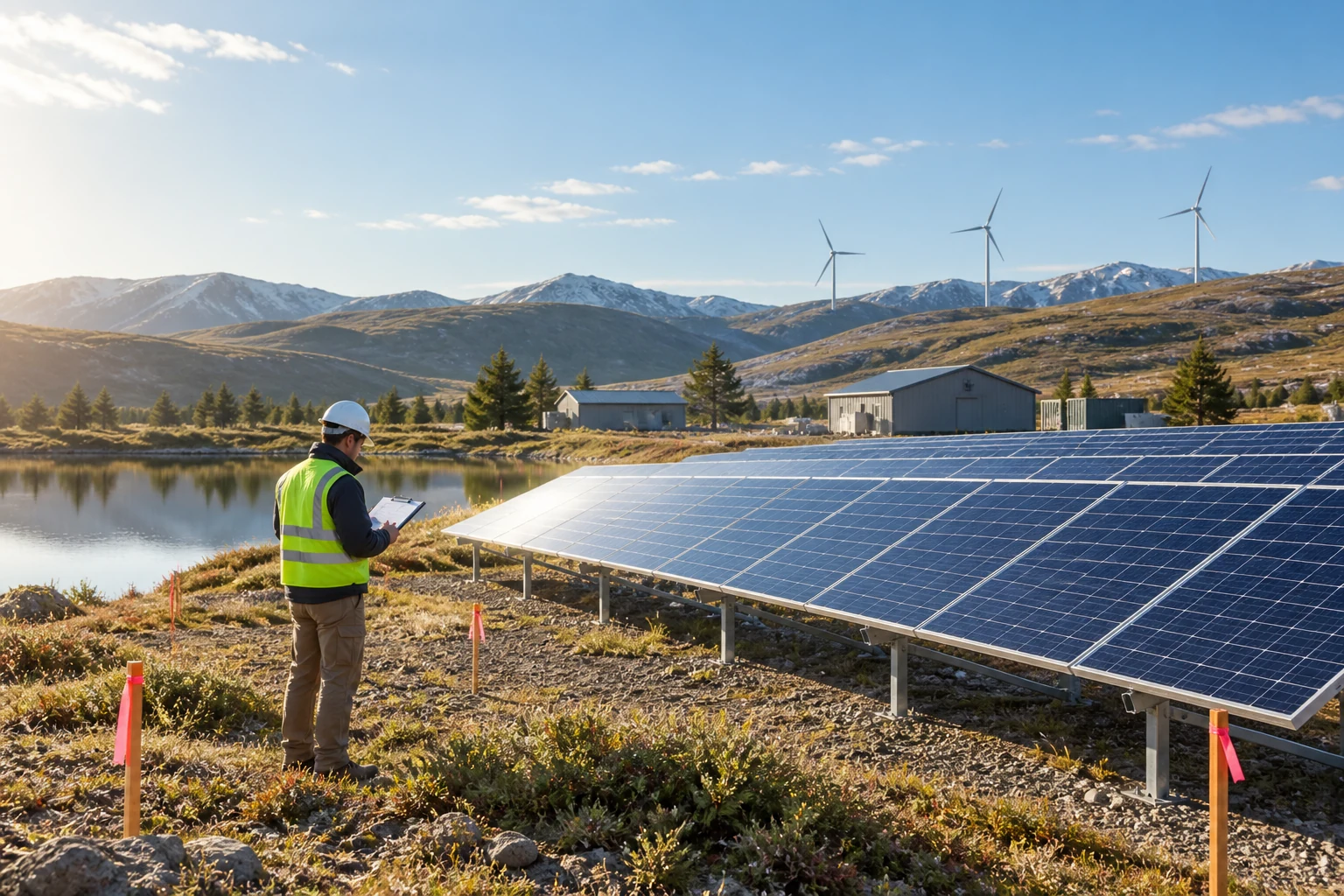Engineer surveying photovoltaic arrays at a remote renewable energy site
