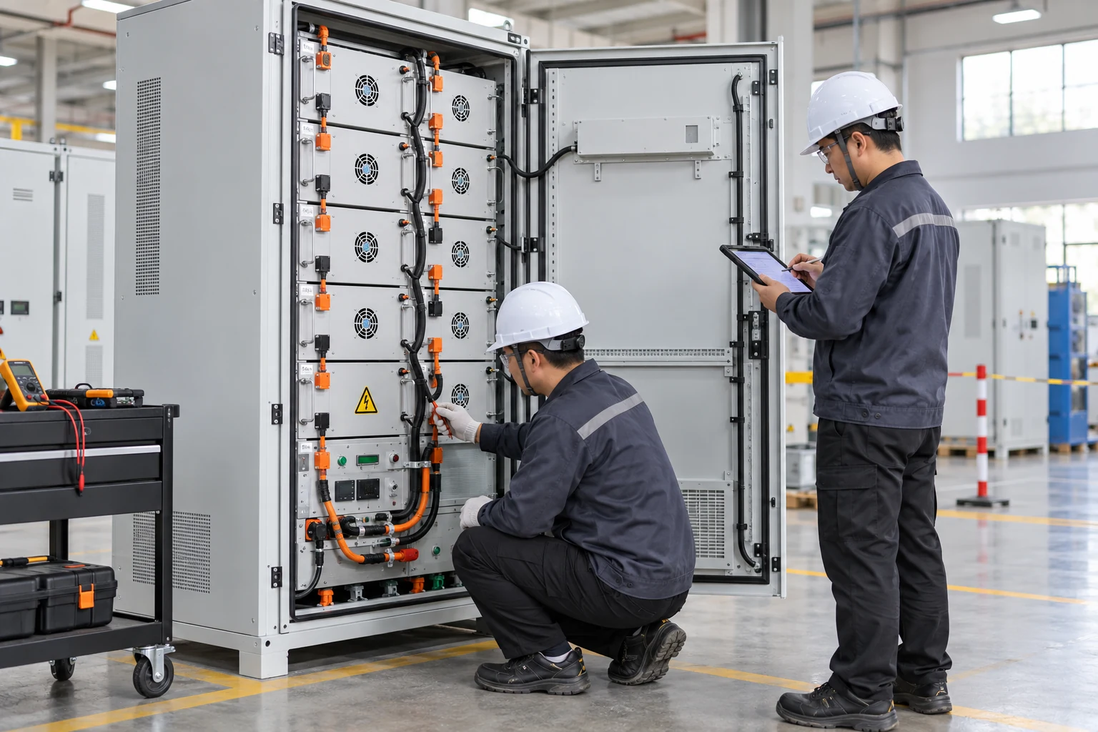 Two technicians commissioning an open battery cabinet and recording results