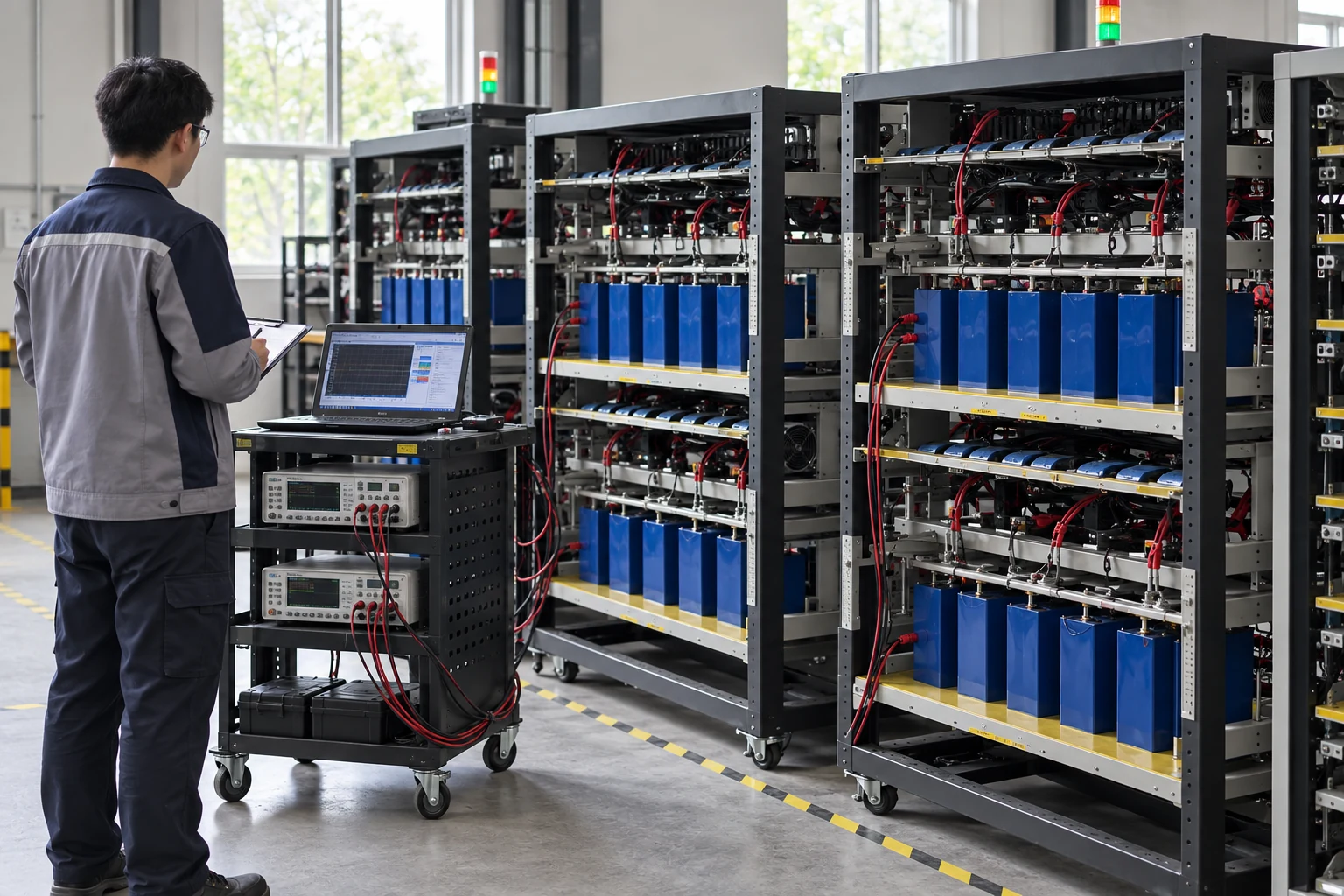 Technician testing blue battery modules on organized workshop racks
