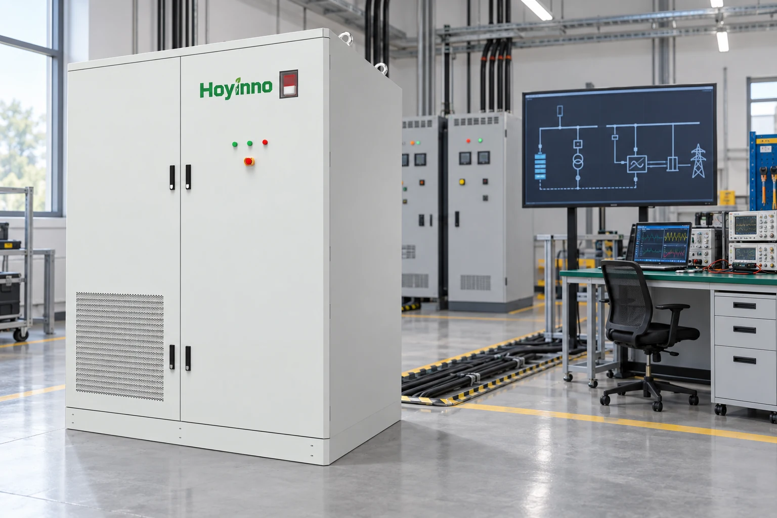 Hoyinno energy storage cabinet in an engineering acceptance bay with monitoring equipment