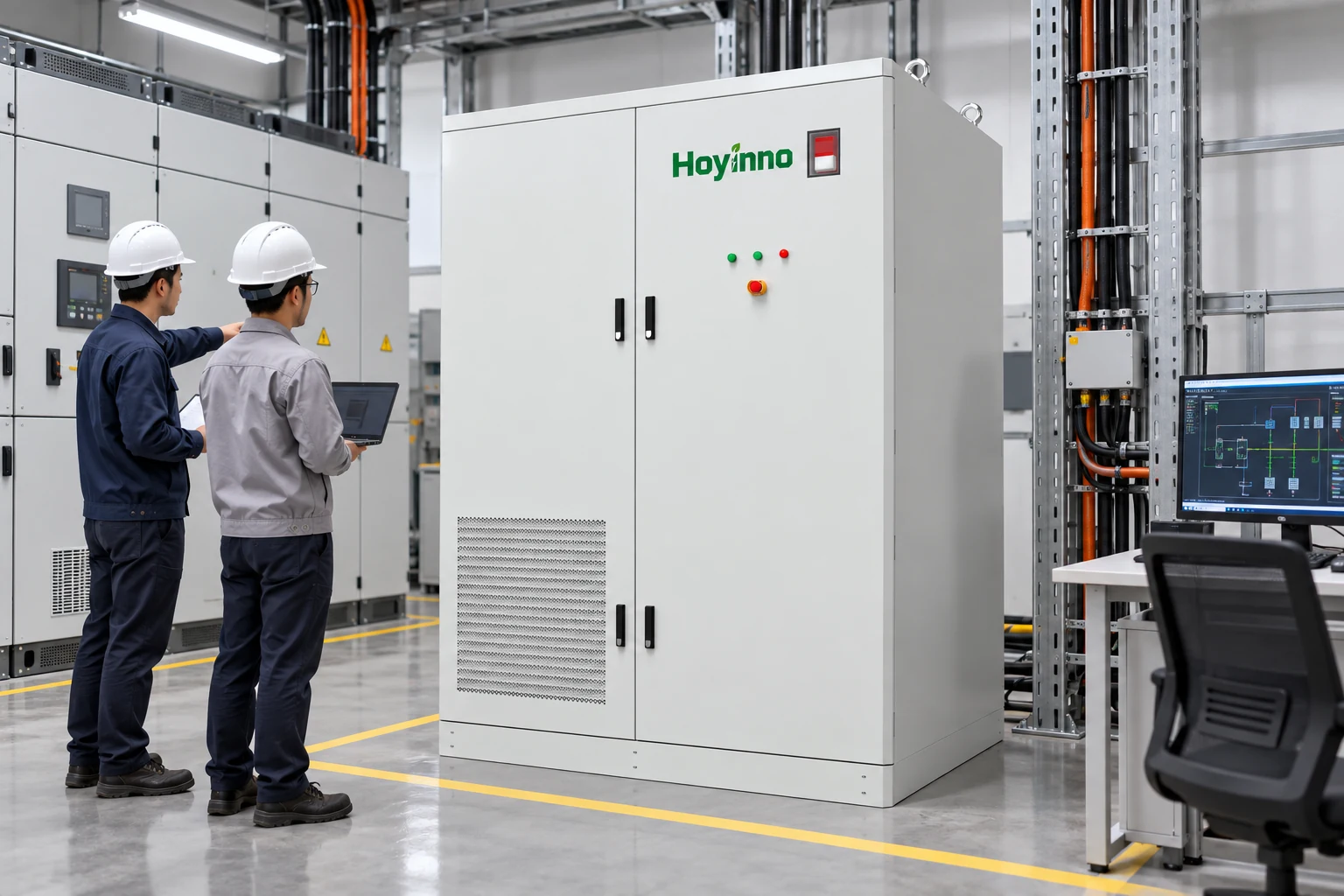 Hoyinno energy storage cabinet in an integration bay with engineers reviewing system interfaces