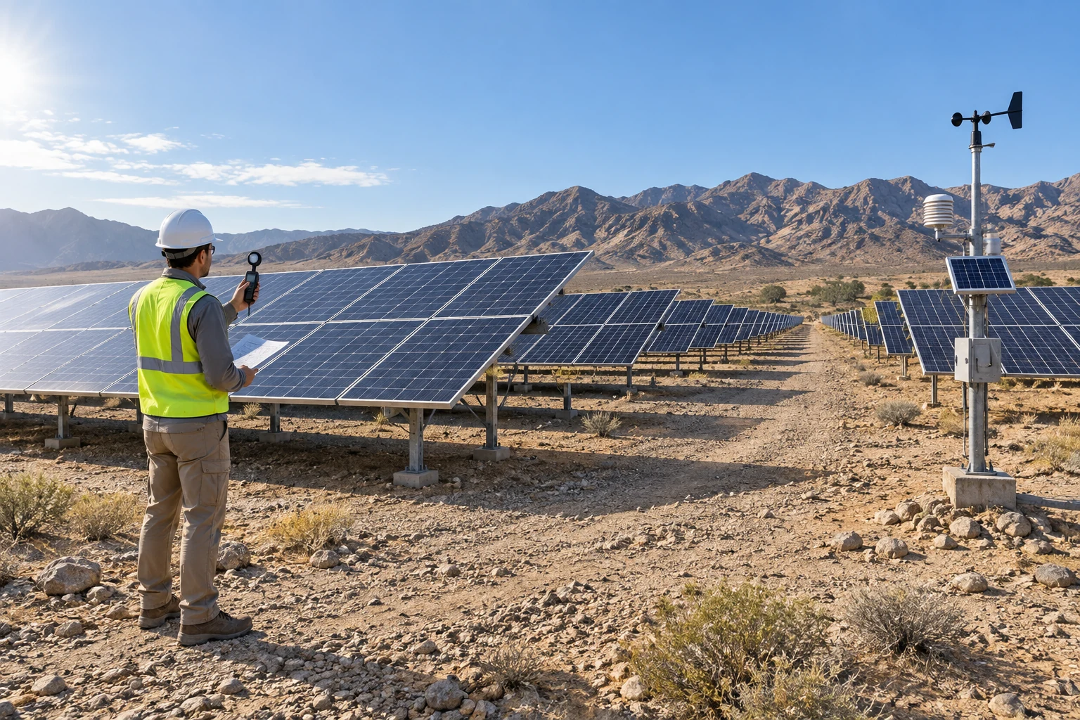 Engineer surveying photovoltaic arrays and weather conditions at a remote site
