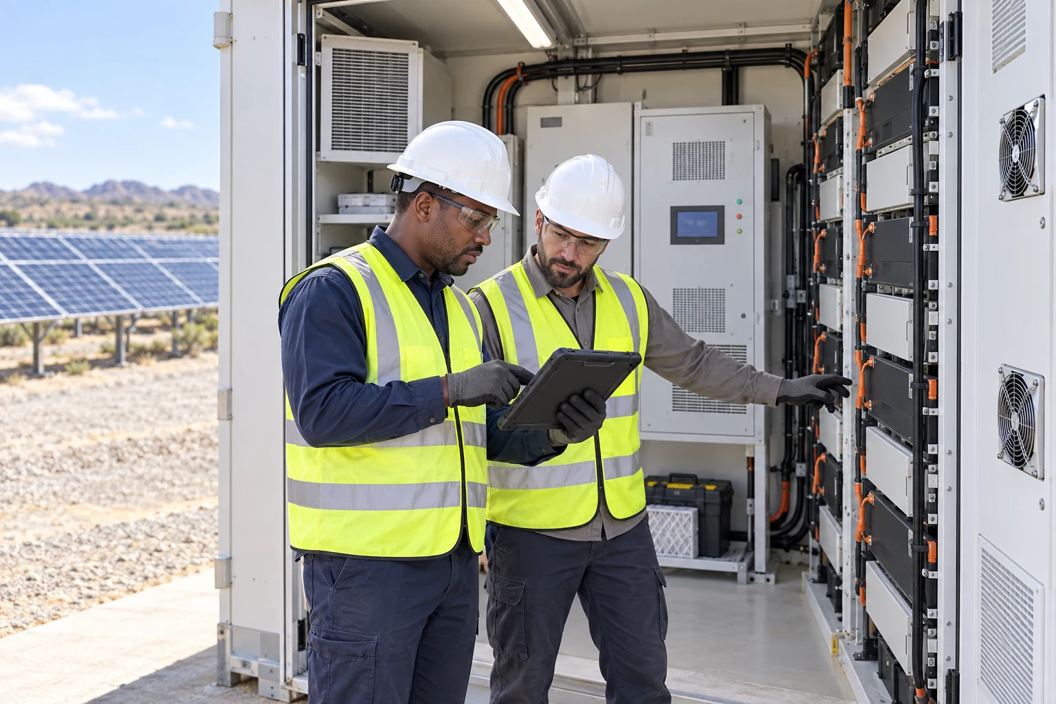 Technicians reviewing alarms and battery modules in an off-grid service shelter