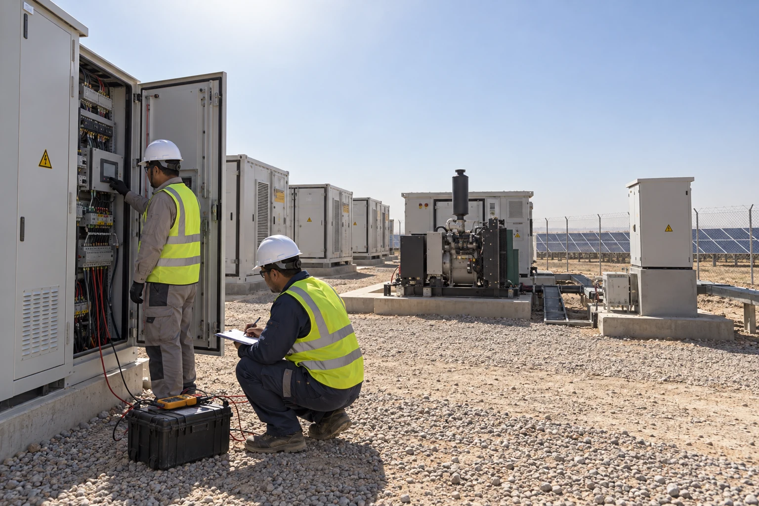 Technicians commissioning protected electrical equipment at a solar hybrid site