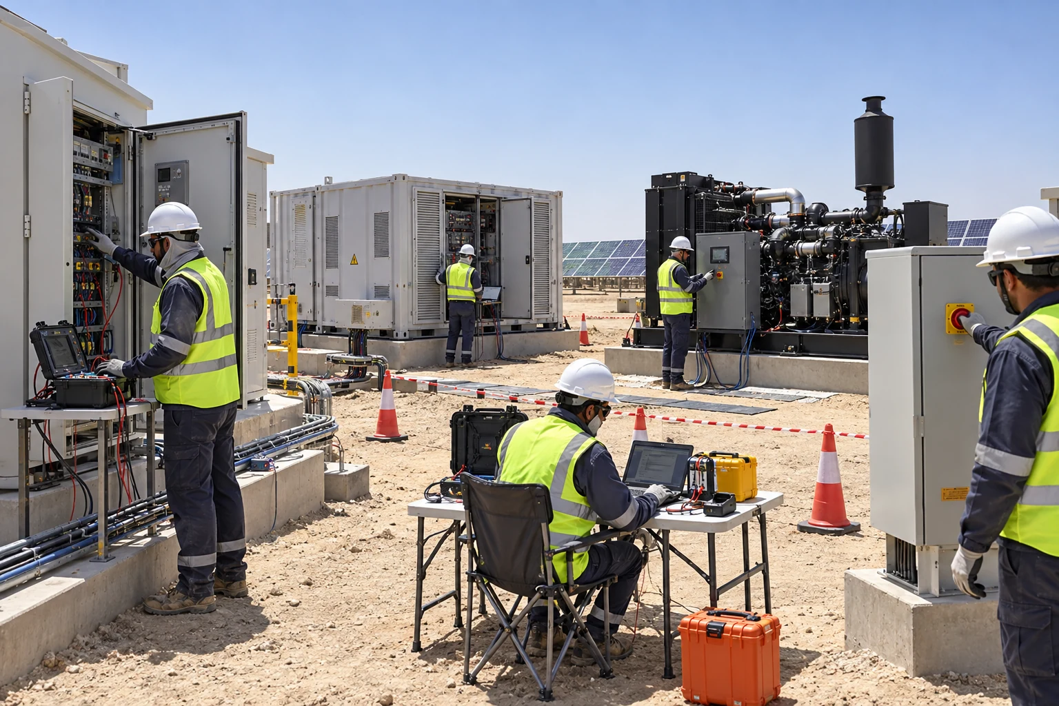 Technicians commissioning solar, storage, generator, and protection equipment