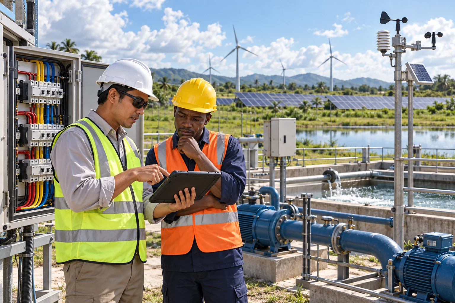 Engineers reviewing site measurements and priority loads at a remote water facility