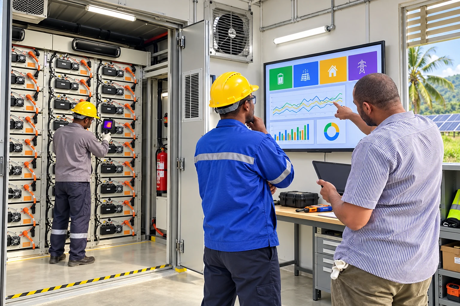 Operators reviewing energy management trends during battery system maintenance