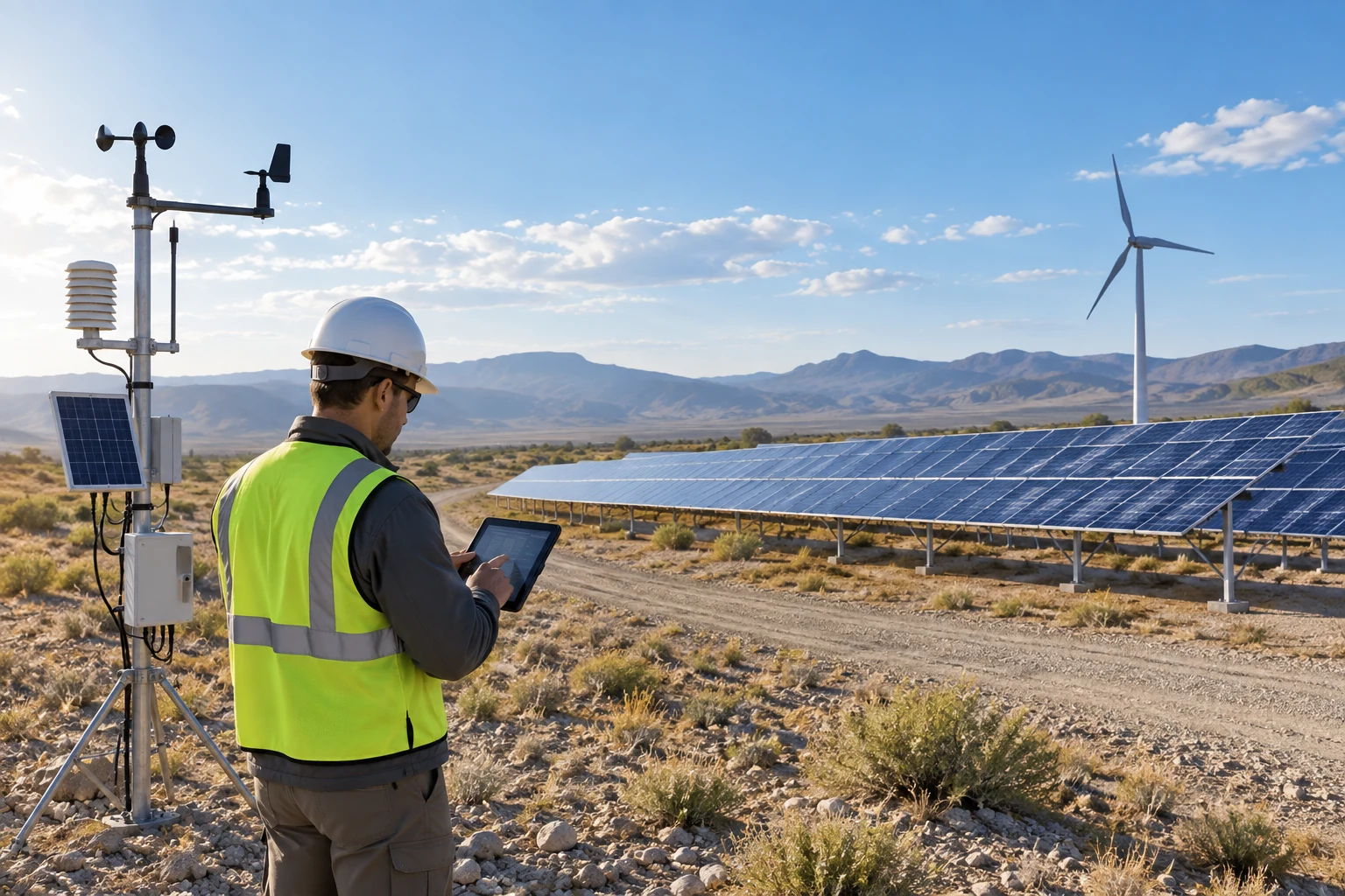 Engineer measuring solar and wind conditions at a remote off-grid site