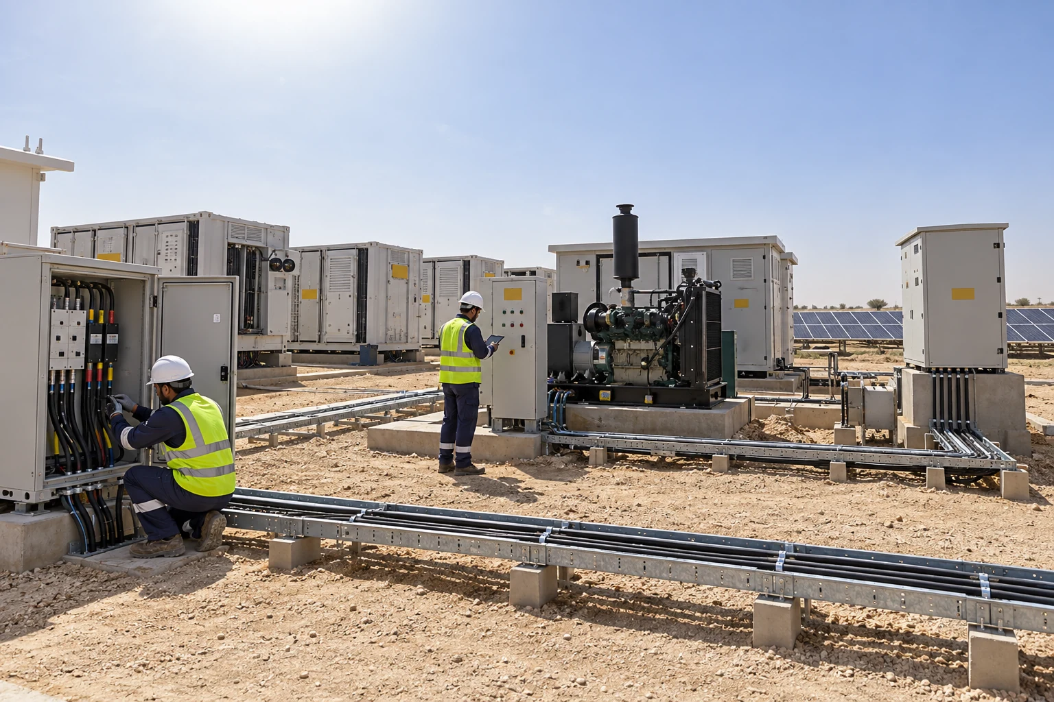 Technicians commissioning protected equipment in a solar battery and generator yard
