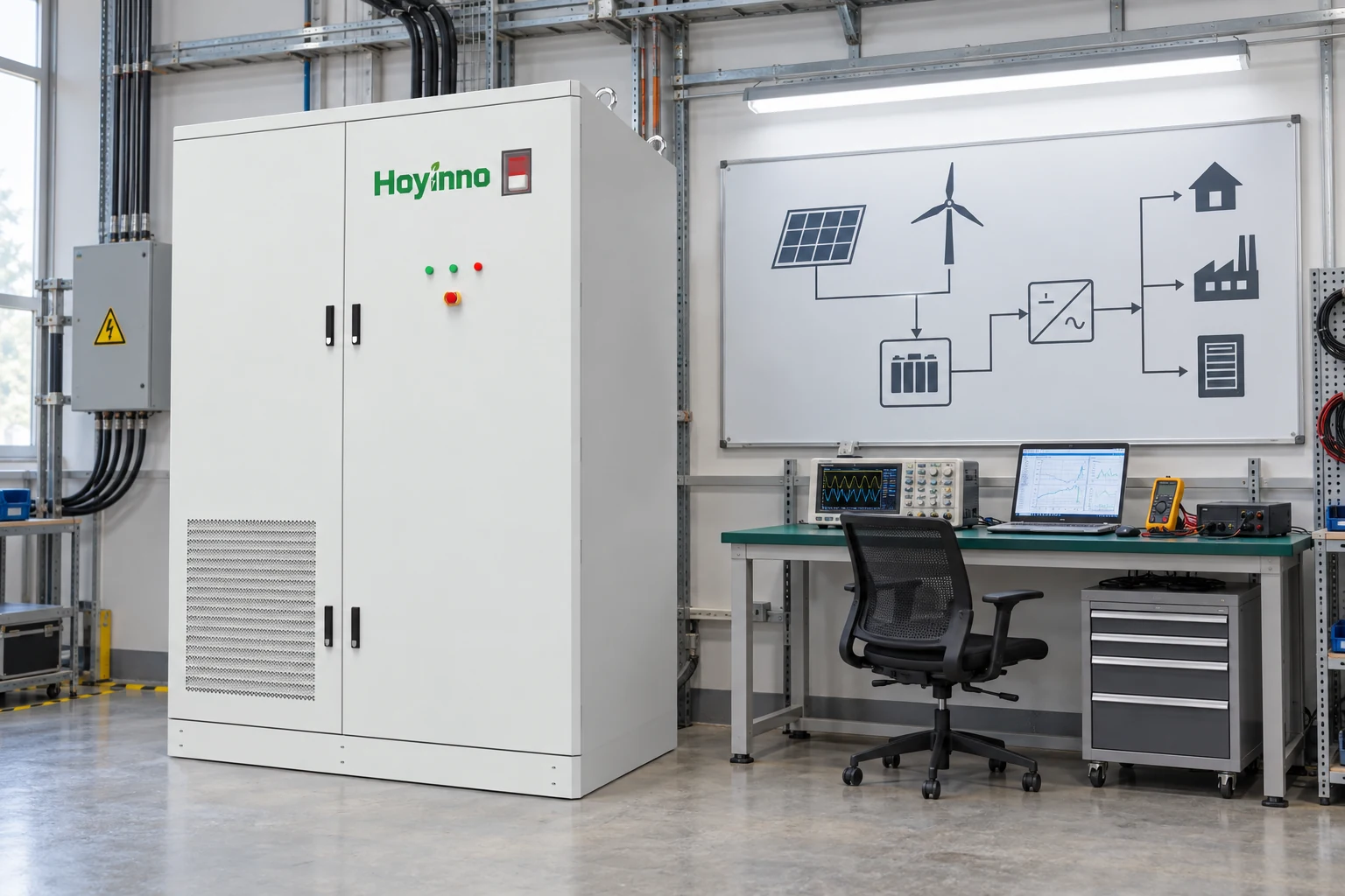 Hoyinno energy-storage cabinet beside an engineering workstation and system diagram