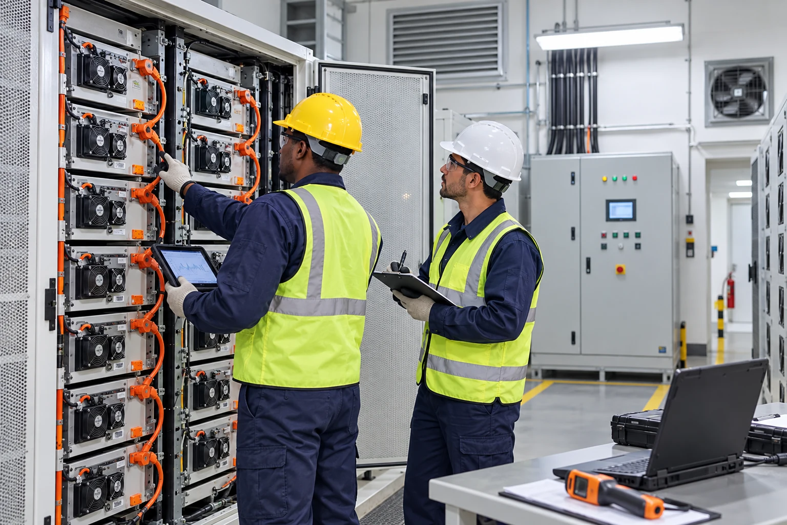 Maintenance technicians inspecting battery modules and operating data