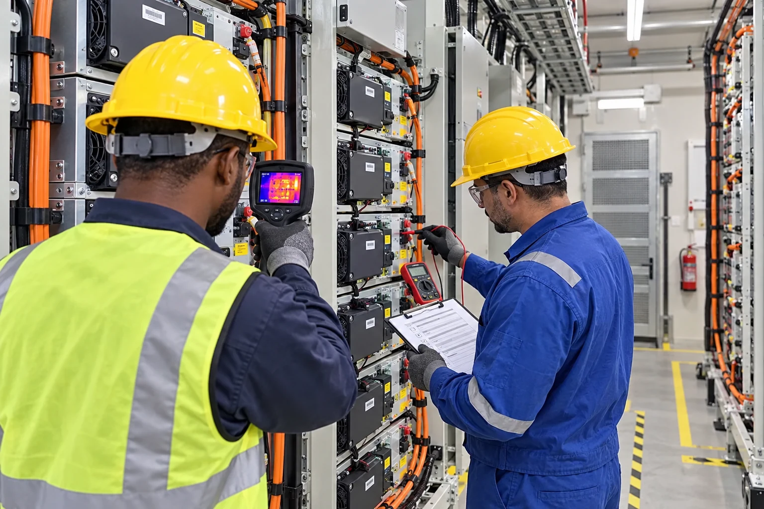Technicians commissioning battery equipment with recorded tests and safety controls