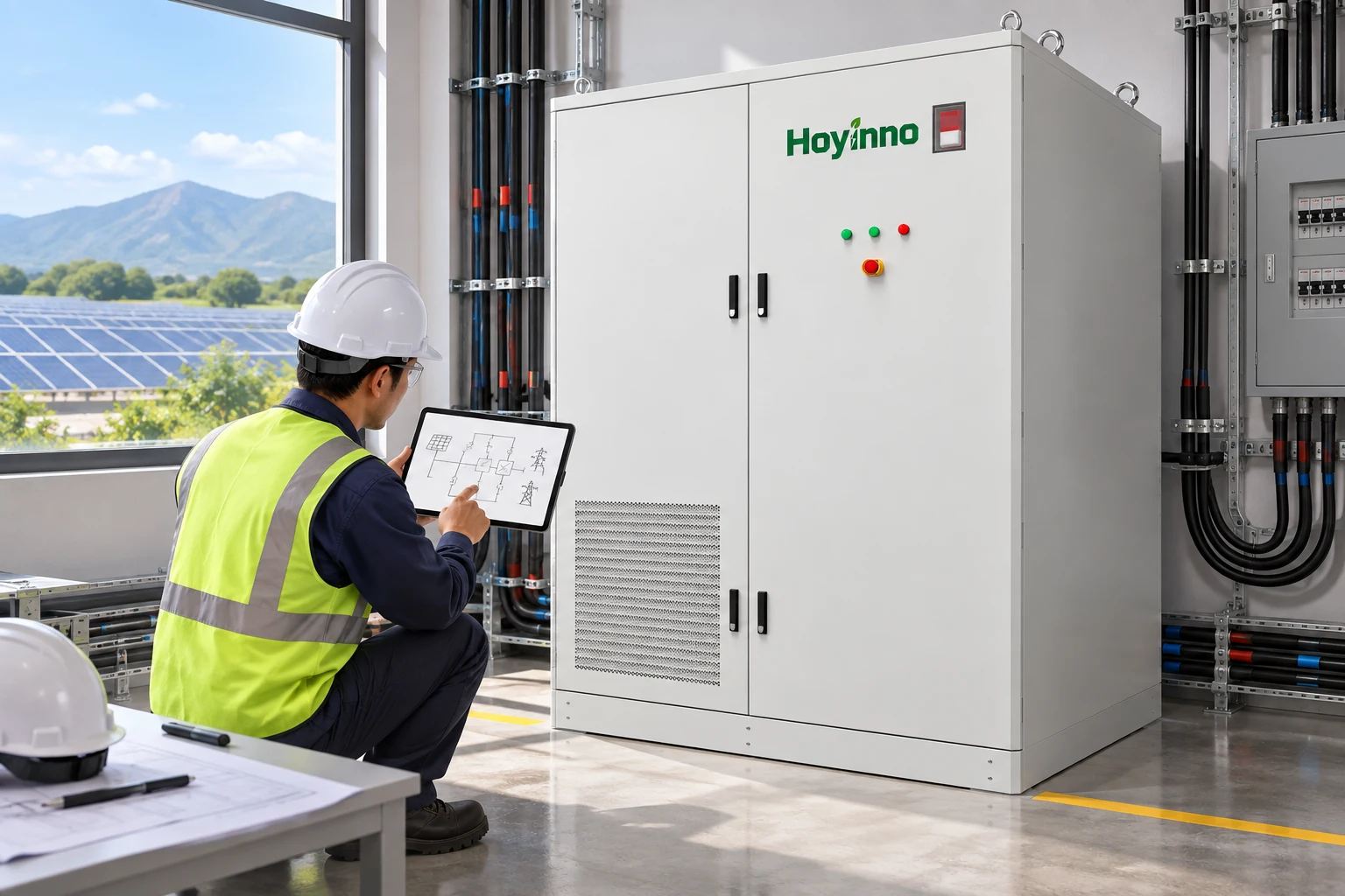 Hoyinno energy storage cabinet beside engineers reviewing an off-grid project package