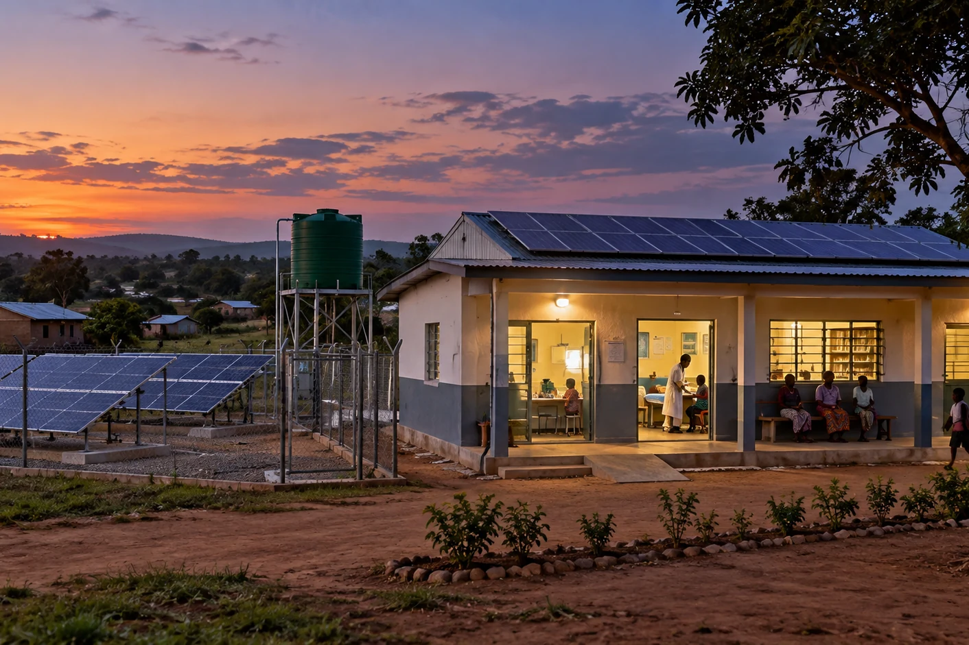 Remote clinic operating at dusk beside a solar array