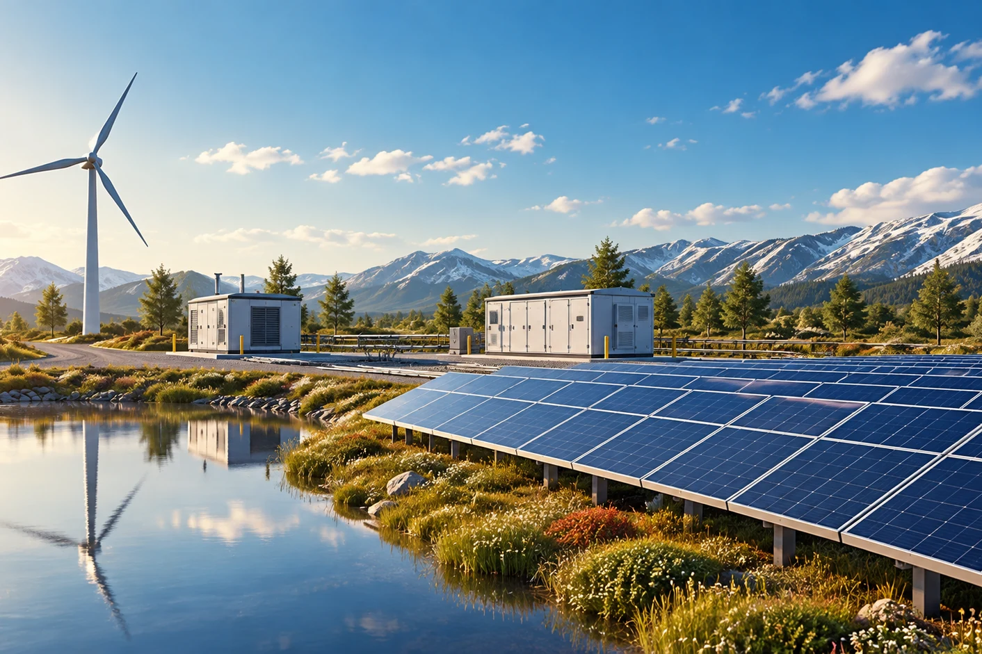 Hybrid solar and wind microgrid with separate equipment shelters