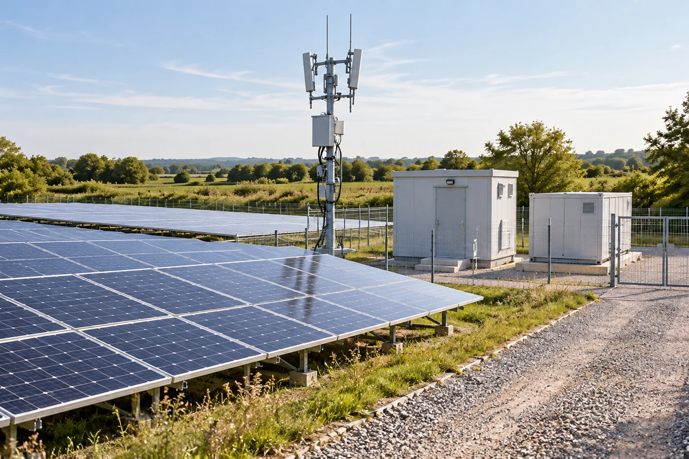 Solar-powered telecom site with fenced maintenance access