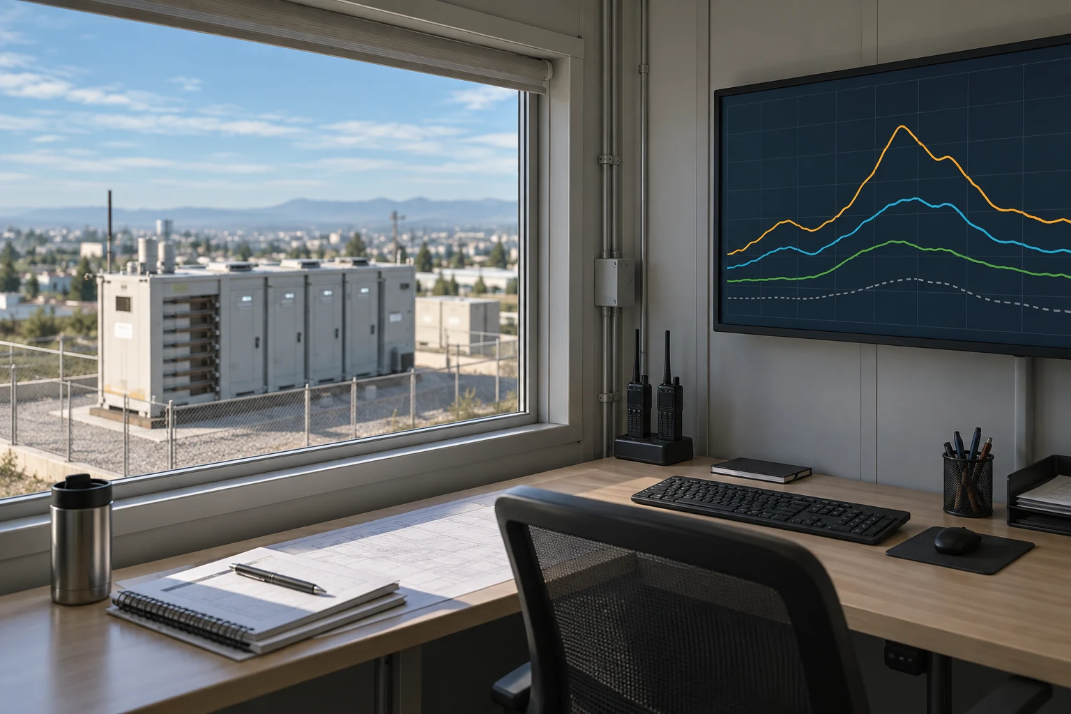 Control room reviewing load and reserve trends for a remote power system
