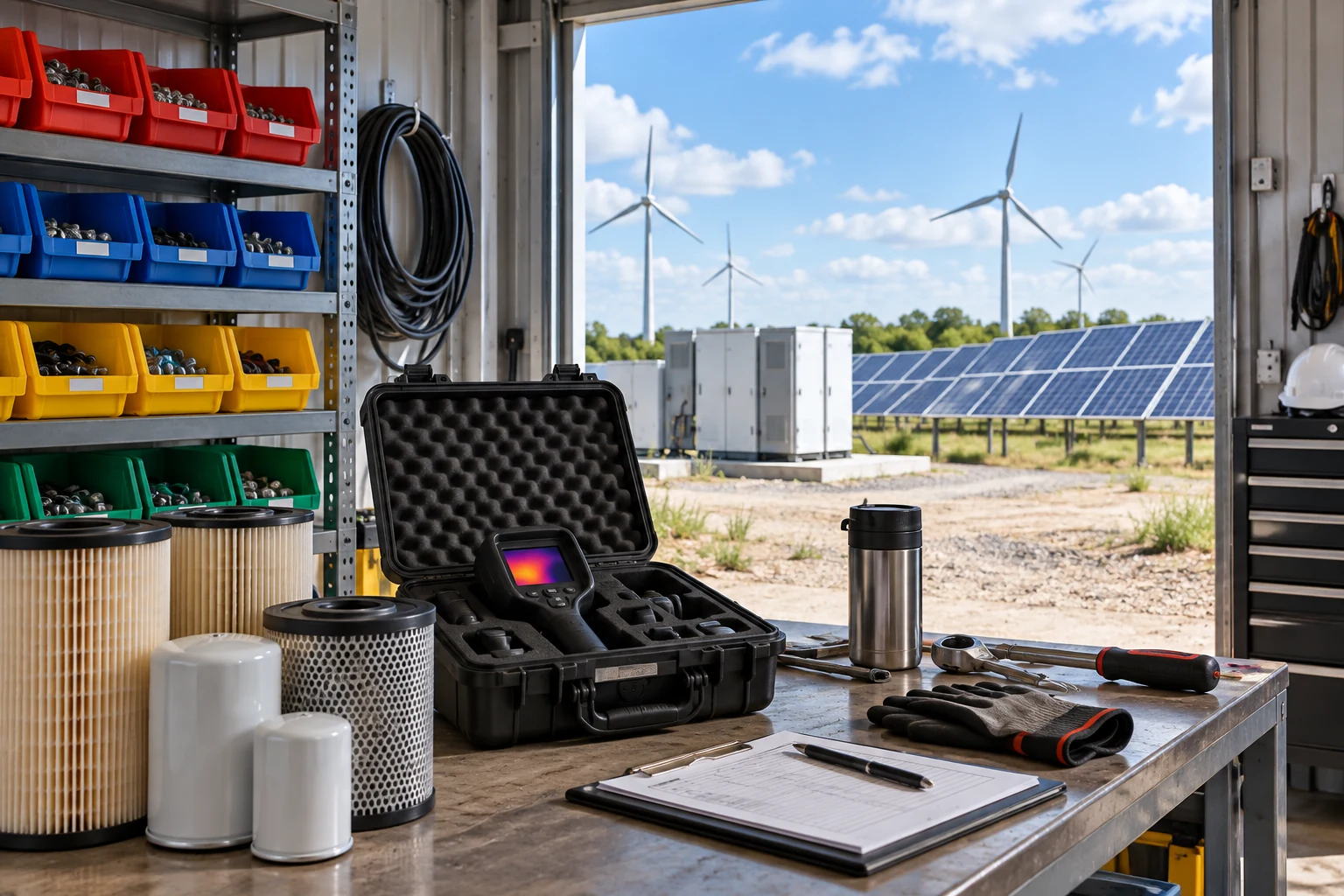 Remote maintenance shelter with filters tools and renewable equipment
