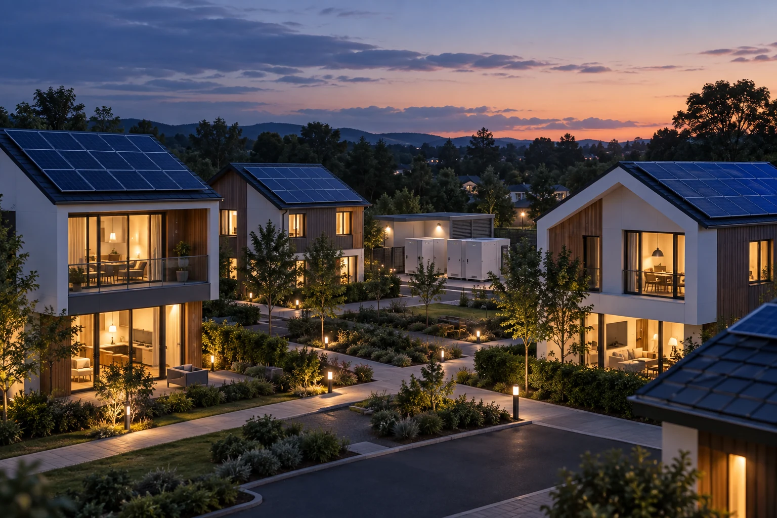Solar-powered community at dusk illustrating timed loads and usable battery autonomy