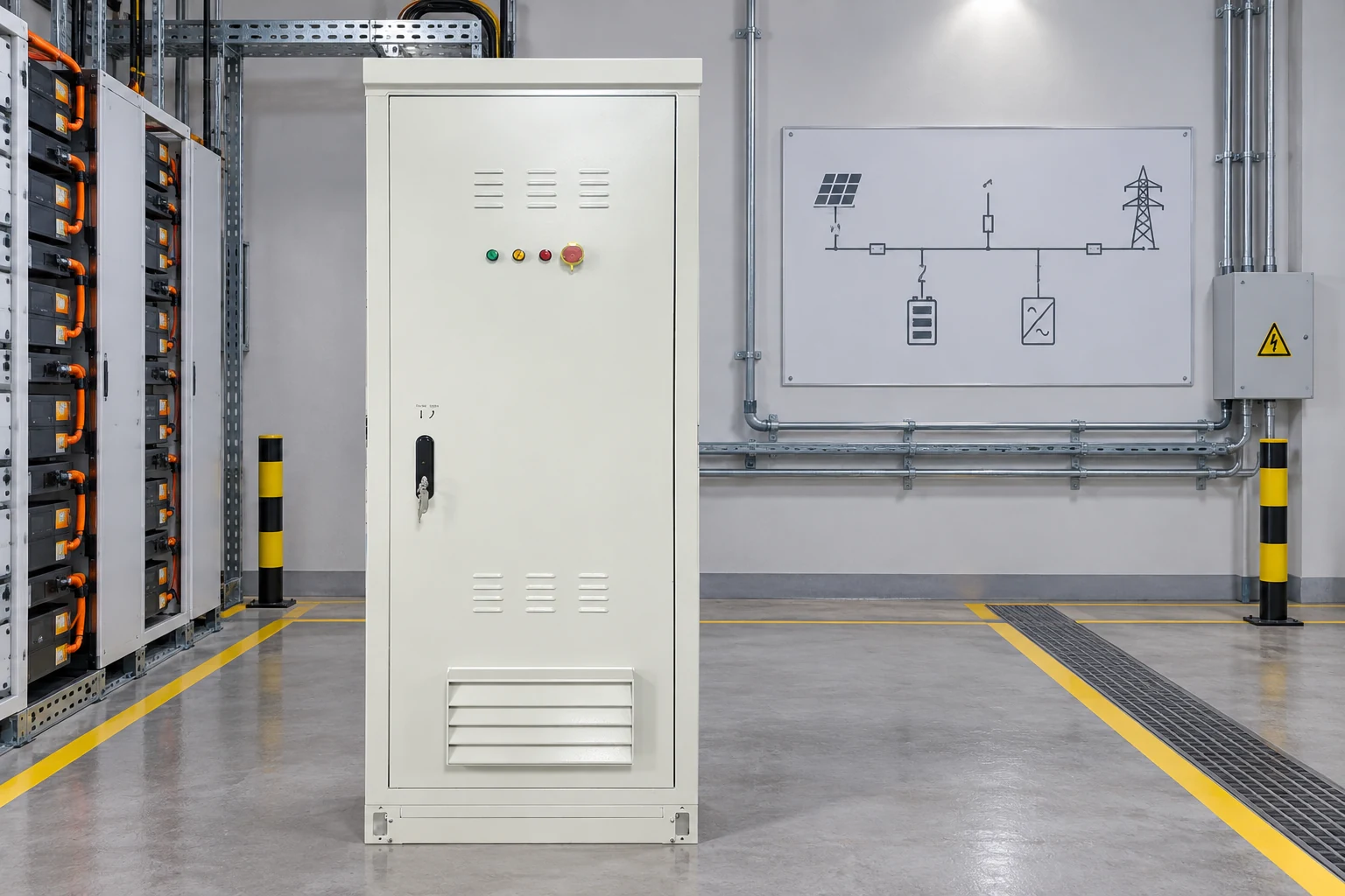 Energy storage cabinet in a commissioning bay with protection and system-interface context