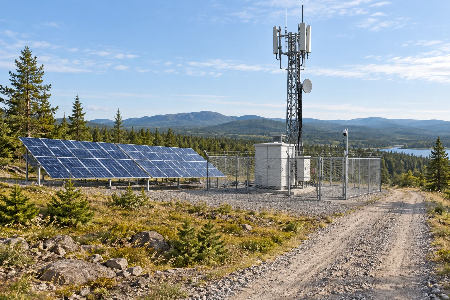 Remote telecom site with solar array, access route, and monitoring equipment enclosure