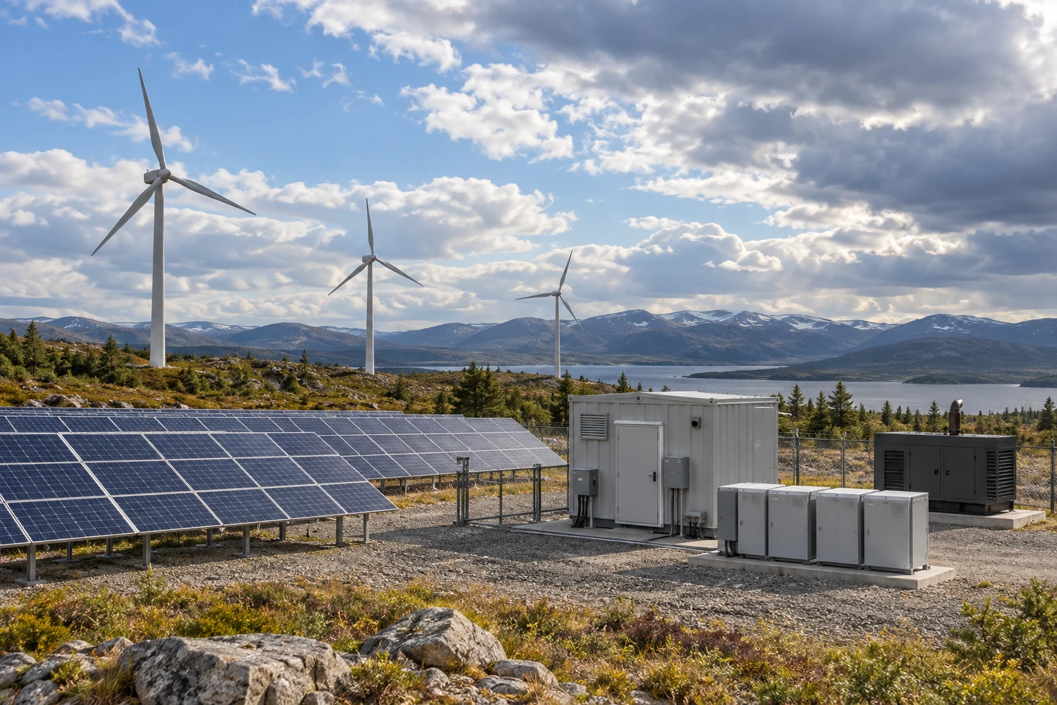 Hybrid wind and solar microgrid with storage controls and backup generation context