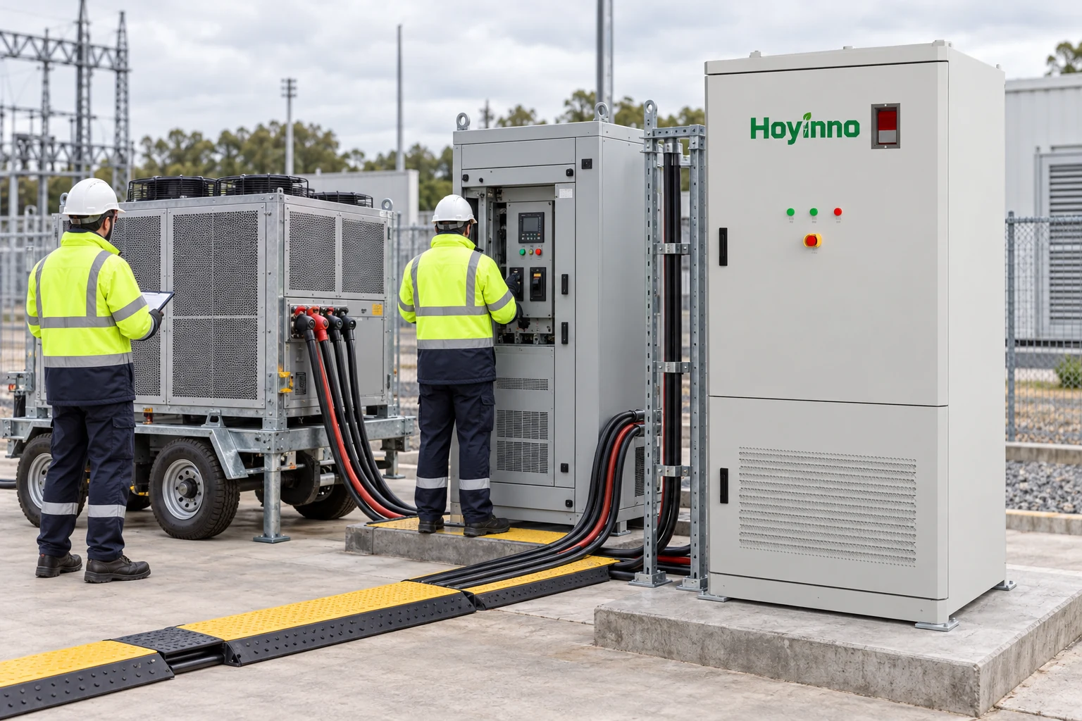 Hoyinno storage cabinet during staged load-bank and protection testing with two engineers