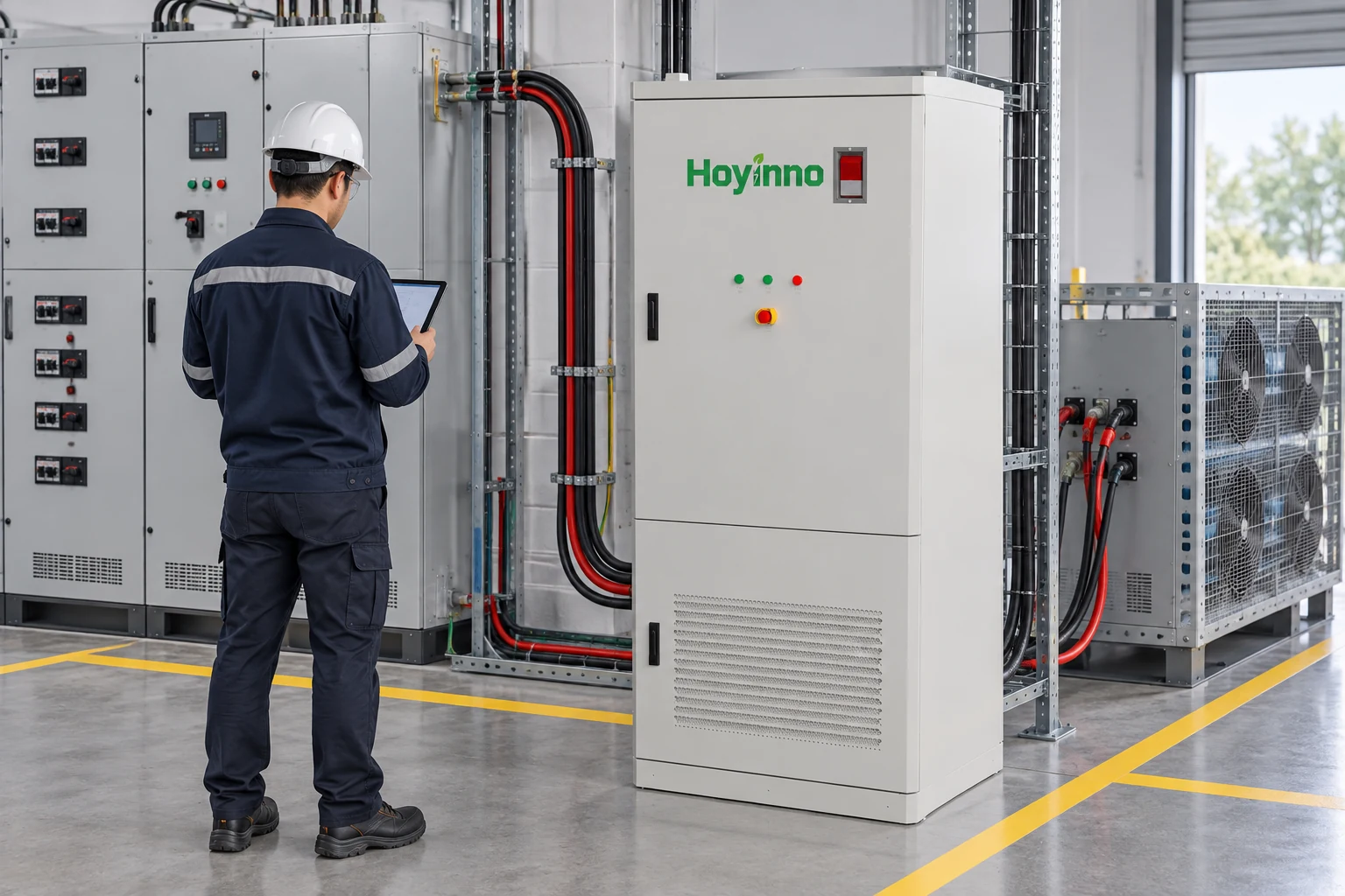 Hoyinno energy storage cabinet in a commissioning bay with switchgear and a test engineer