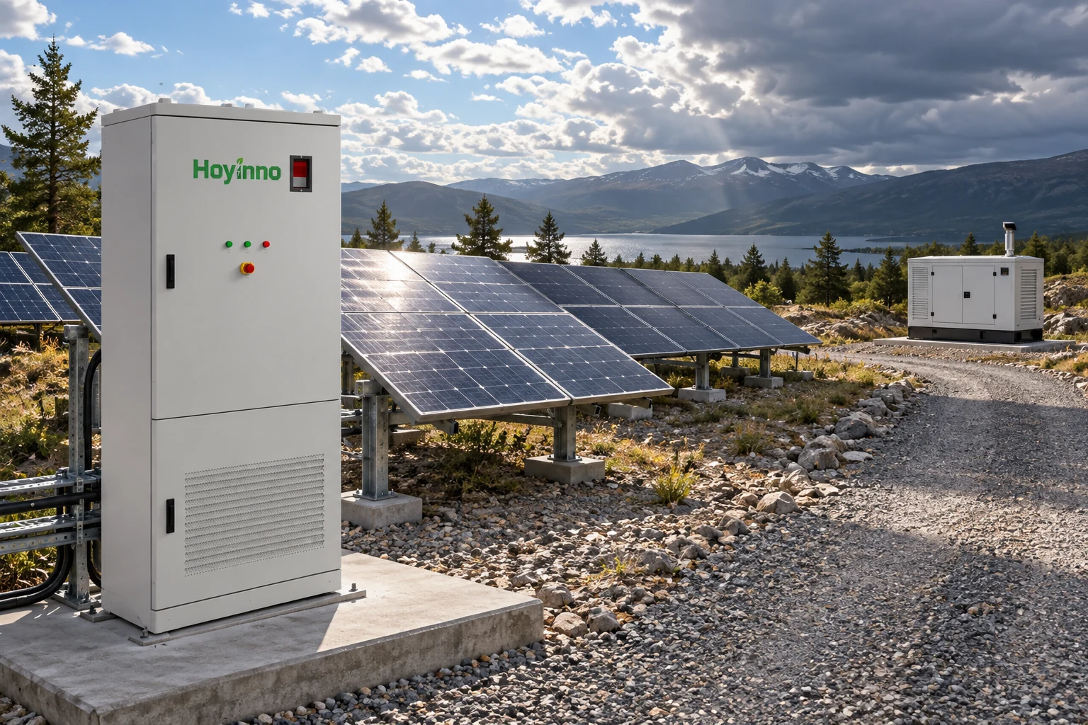 Hoyinno battery cabinet beside solar arrays under changing cloud and a distant backup generator