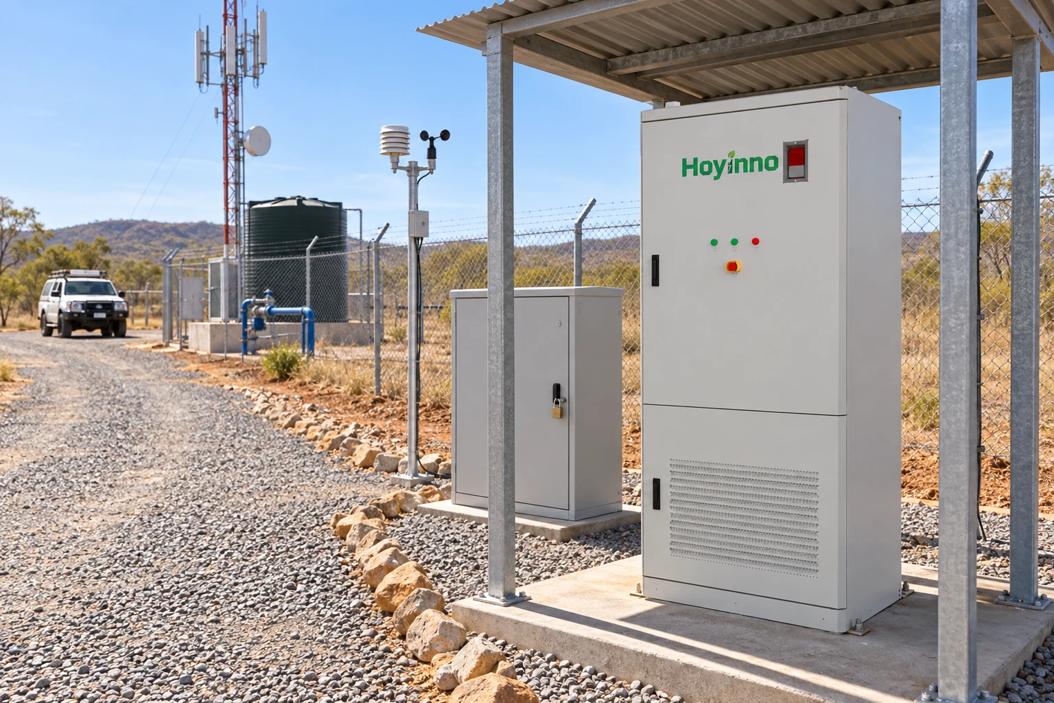 Hoyinno battery cabinet at a remote service site with monitoring sensors and clear road access