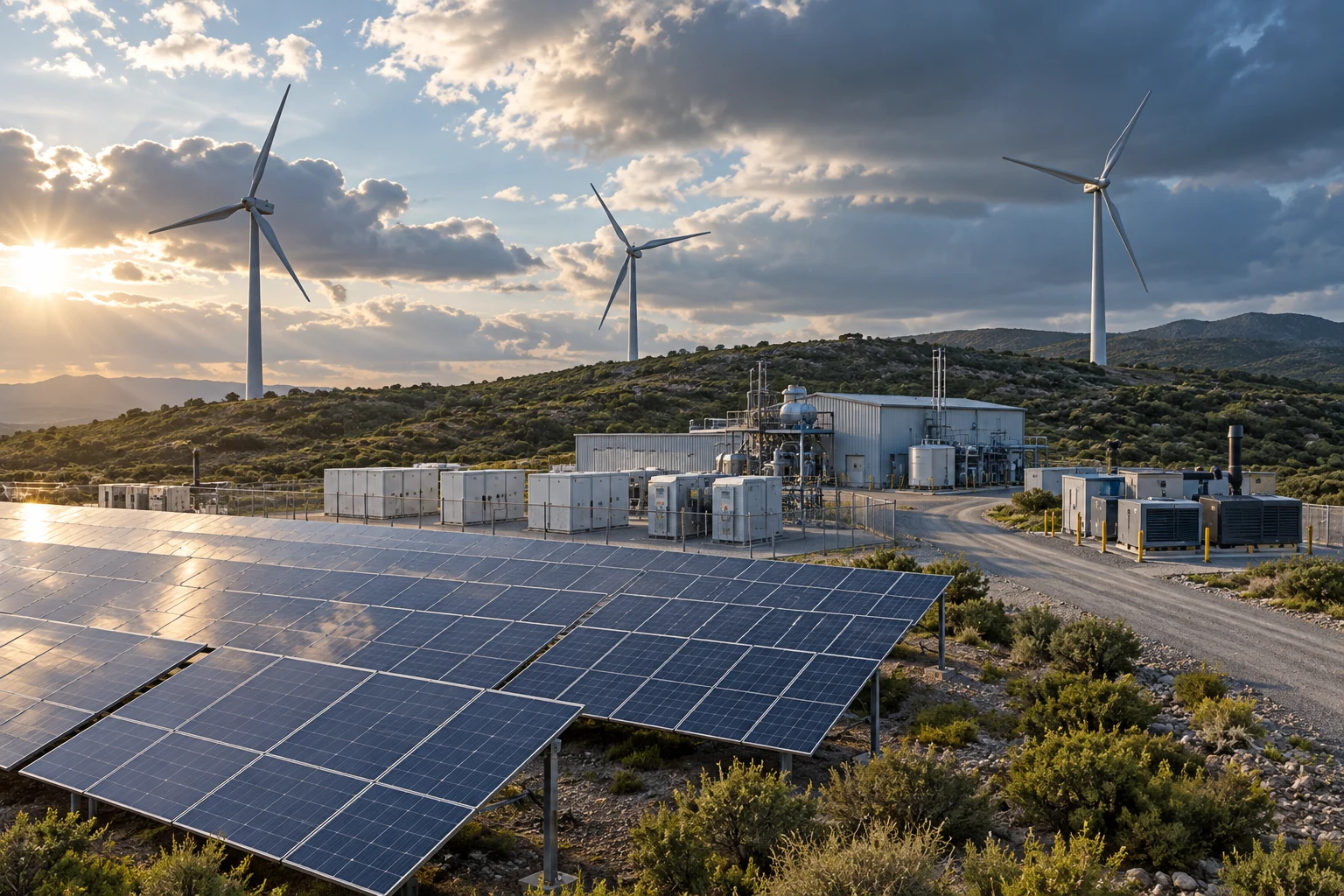 Renewable hybrid plant with solar arrays wind turbines and remote energy storage equipment