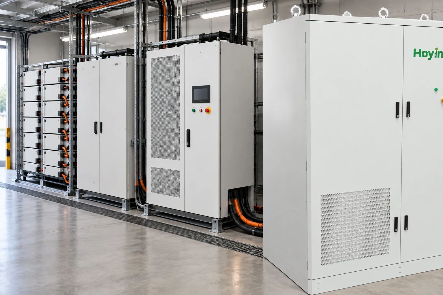 Hoyinno cabinet and modular battery equipment arranged for integrated controls inspection