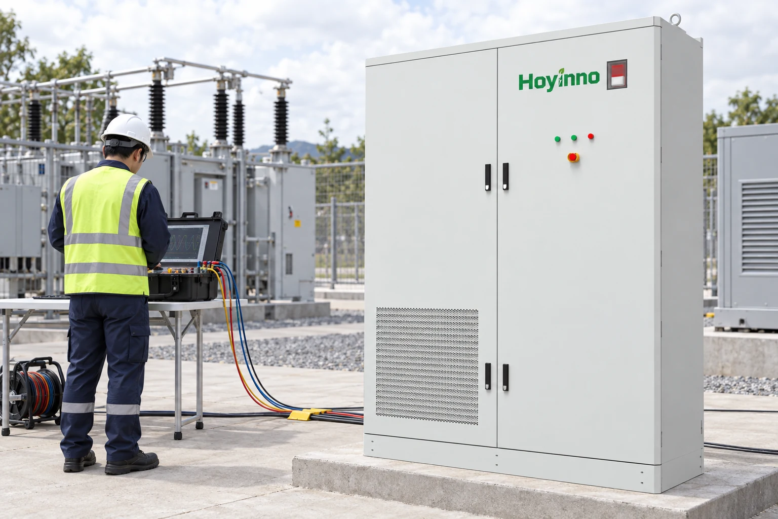 Engineer testing a Hoyinno battery cabinet beside switchgear with synchronized diagnostic equipment