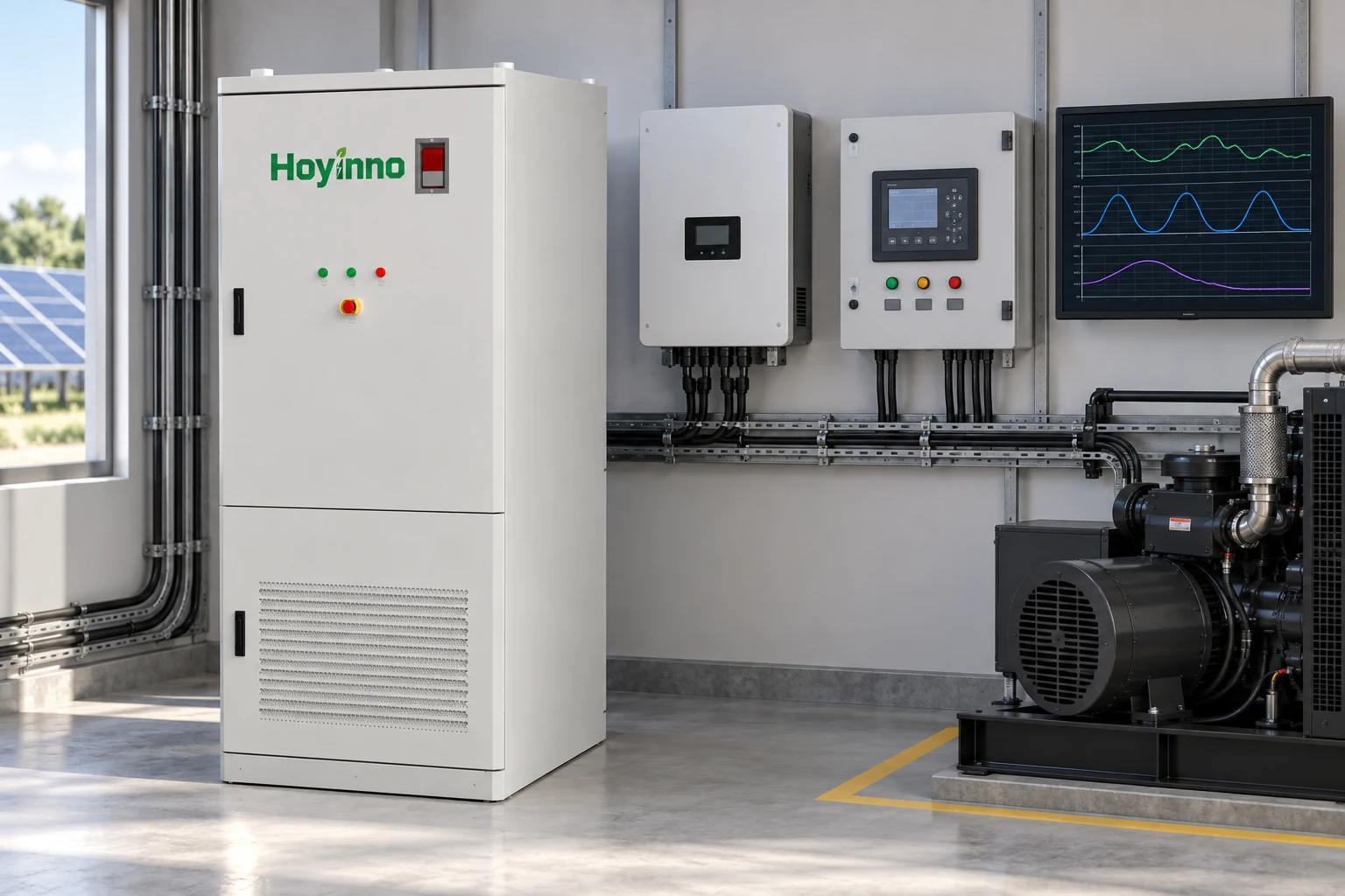 Hoyinno battery cabinet beside inverter controls and generation equipment for timescale review
