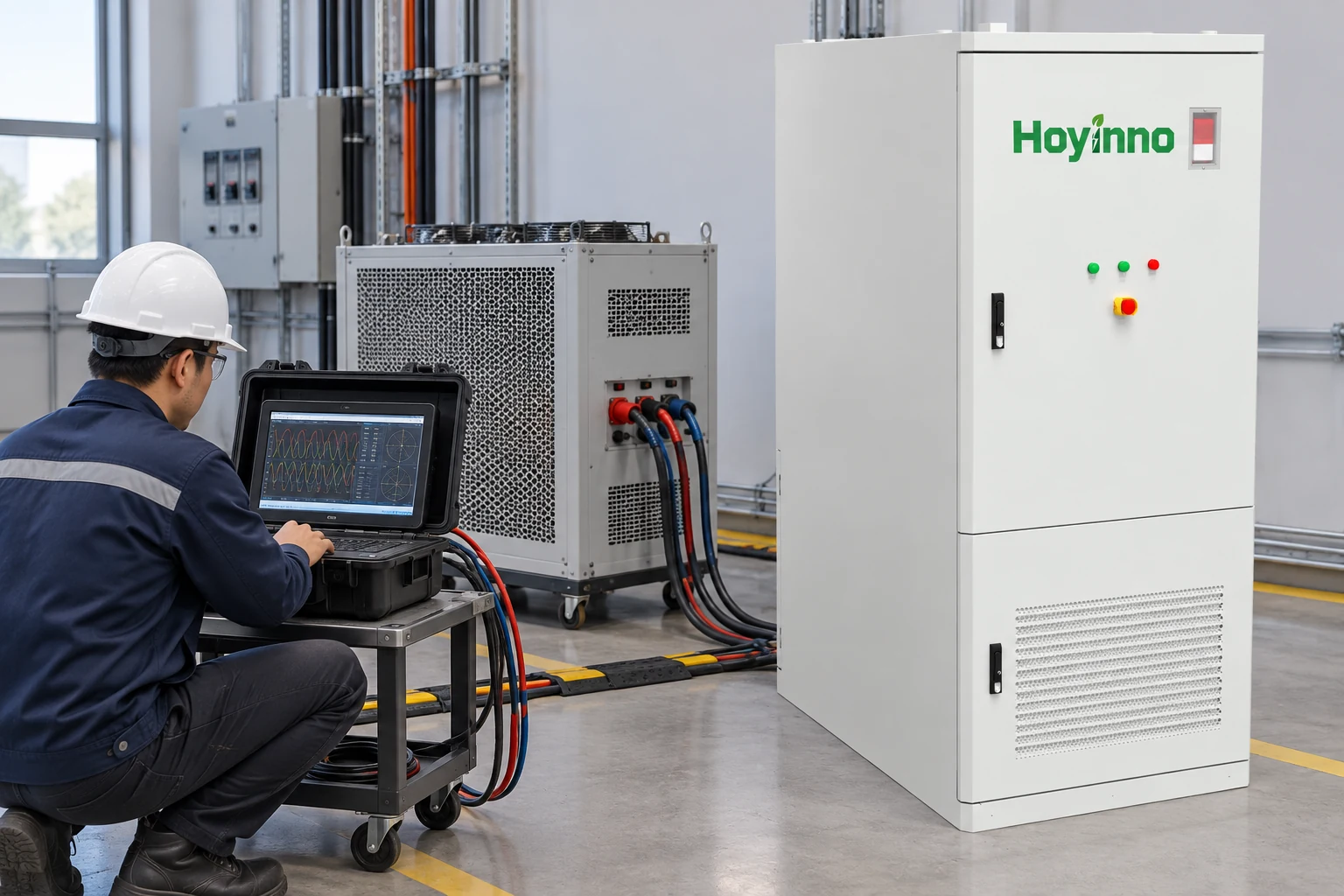 Engineer testing the short-duration response of a Hoyinno energy storage cabinet with a load bank