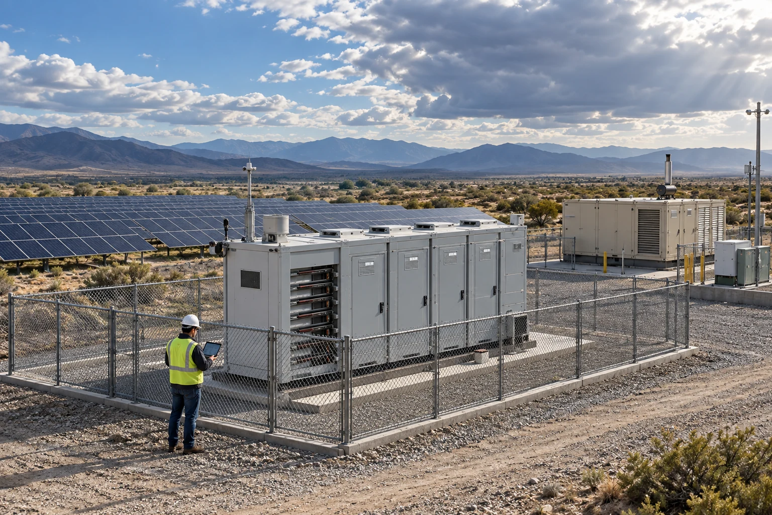 Operator reviewing a remote solar battery compound during changing cloud conditions