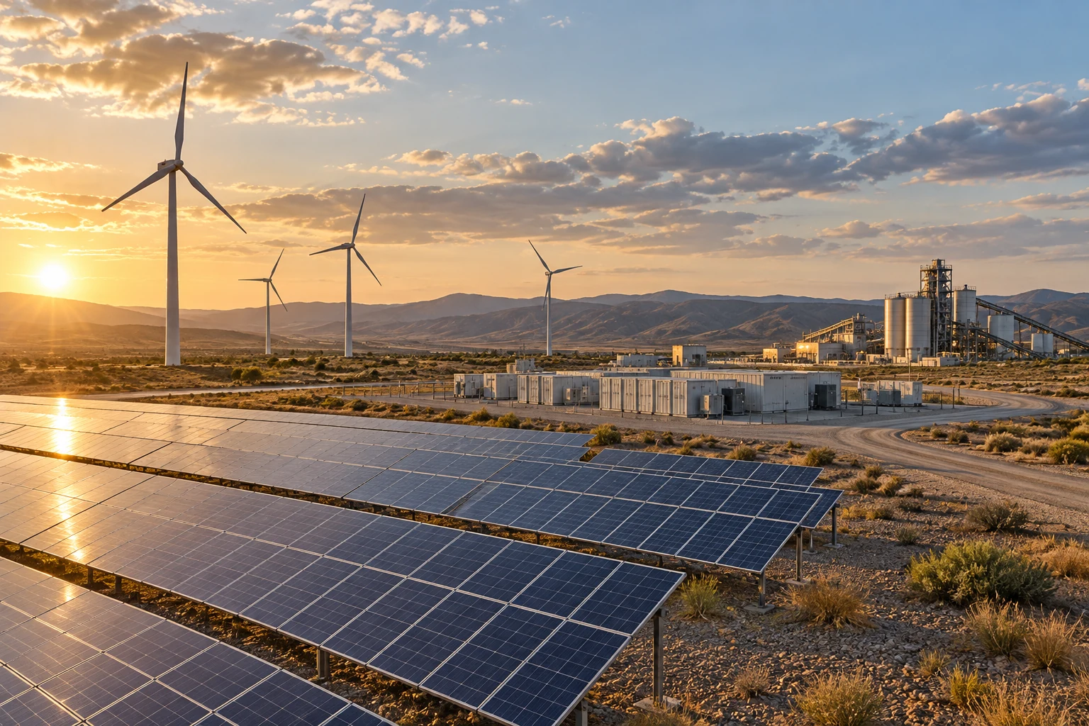 Hybrid renewable plant with solar arrays wind turbines storage and industrial loads at sunset