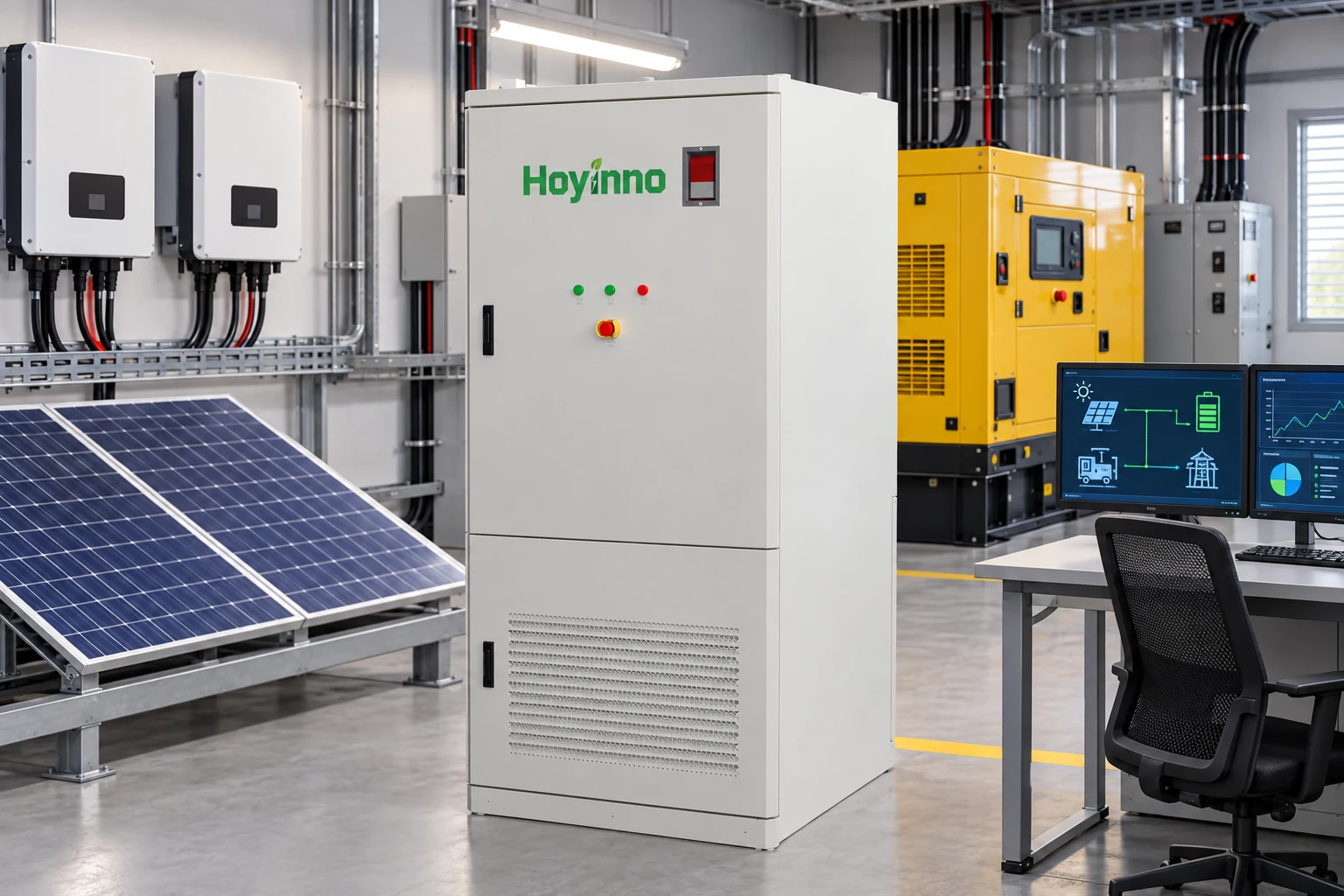 Engineer commissioning a Hoyinno cabinet with converter and protection controls
