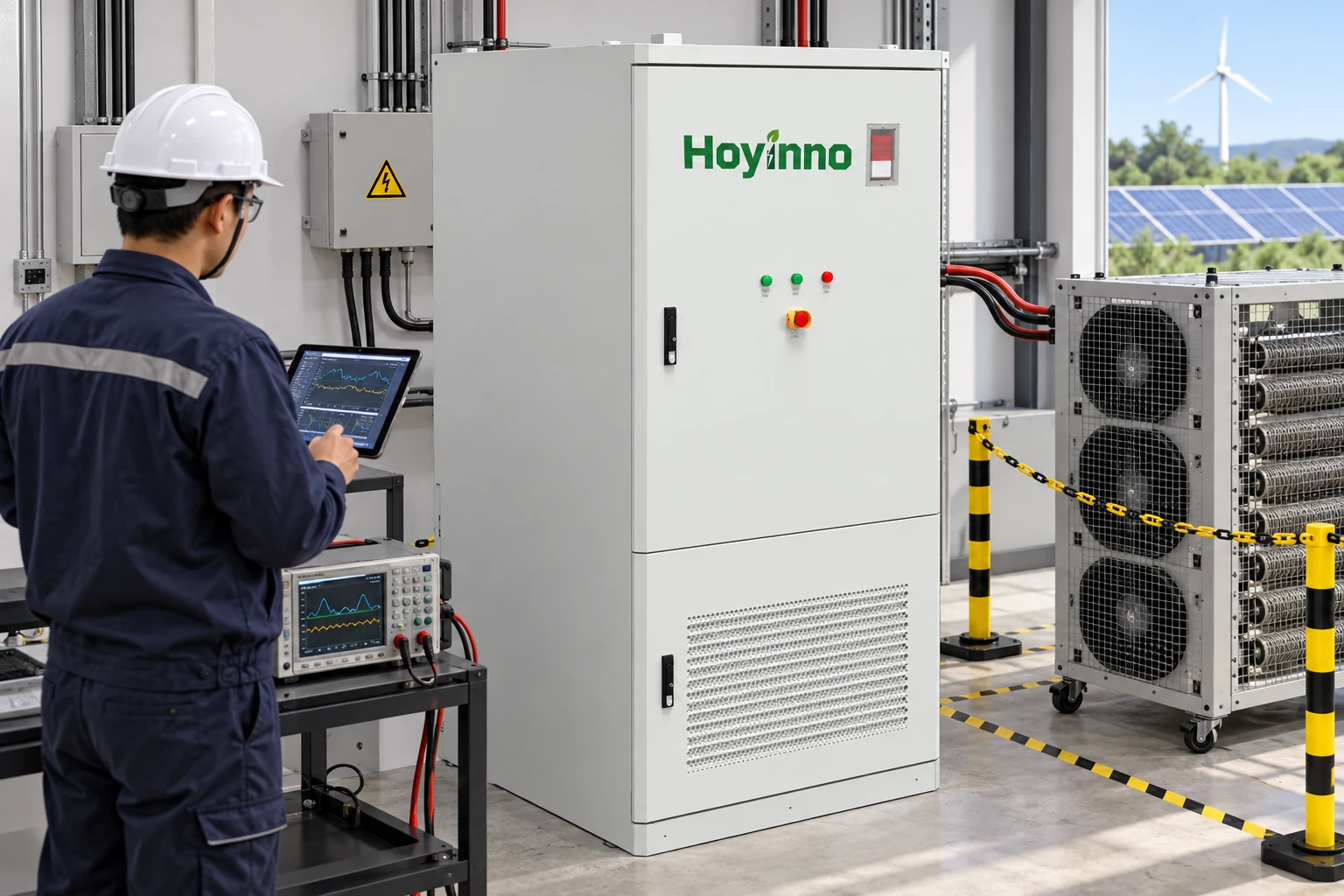 Hoyinno storage cabinet inside an off-grid electrical system boundary