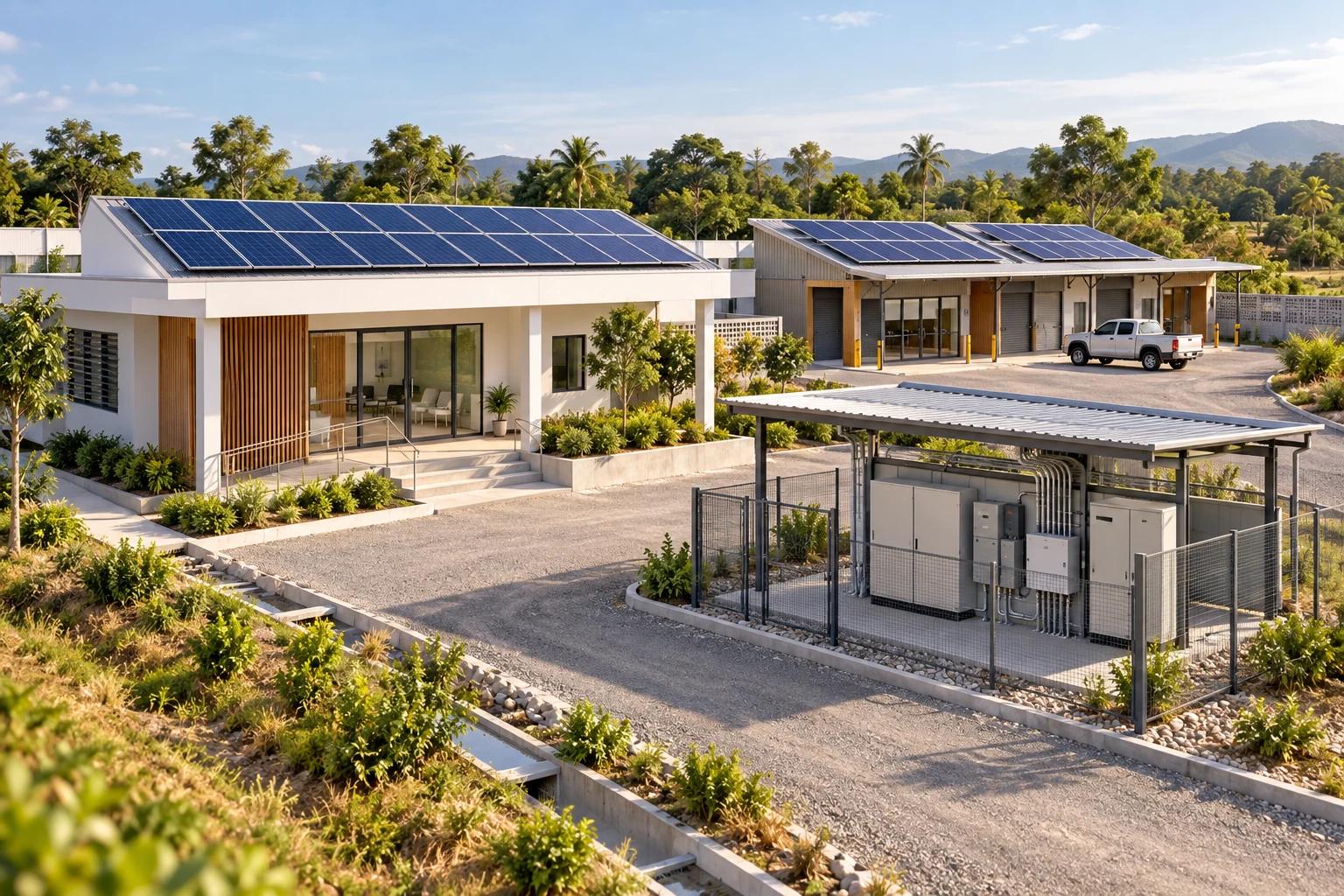 Commercial solar facility with switchgear and an empty prepared pad for battery storage