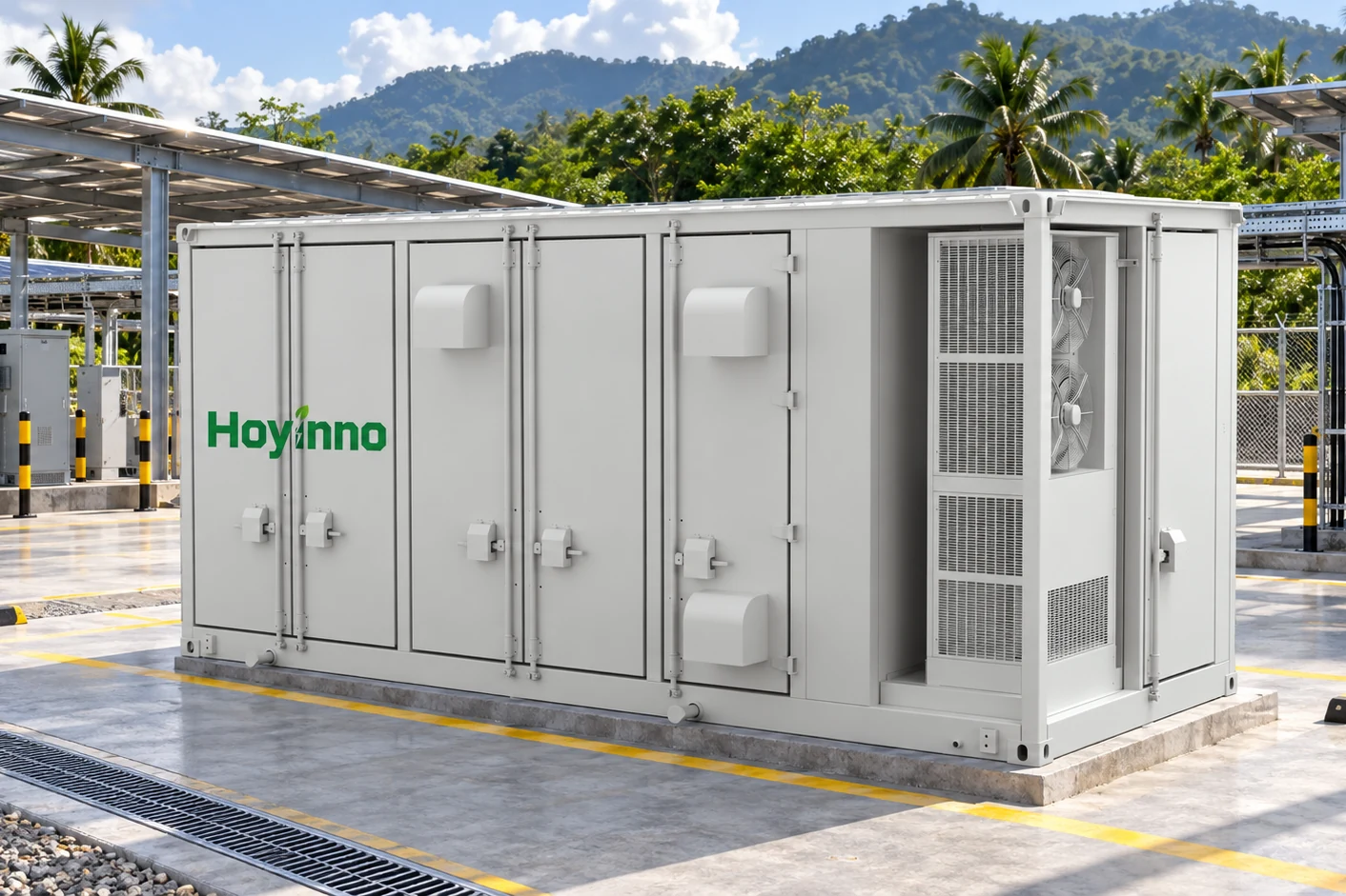 Hoyinno containerized battery storage system beside solar arrays and a transformer at sunset