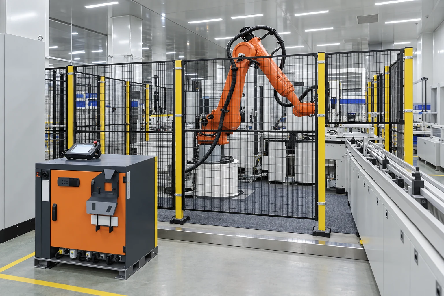 AI-regenerated robot cell illustrating factory-process checks, not actual acceptance evidence