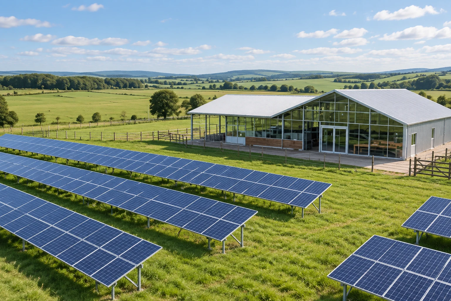 AI-regenerated solar panels beside an agricultural building illustrating variable generation