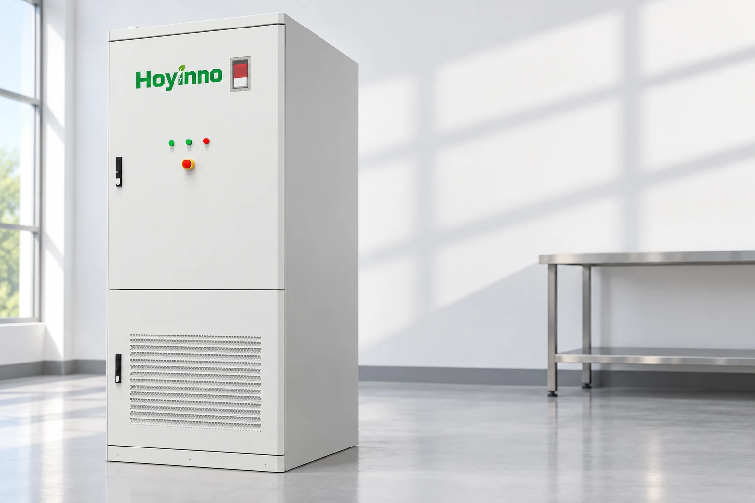 AI-regenerated Hoyinno cabinet in an inspection setting, not a dimensions drawing