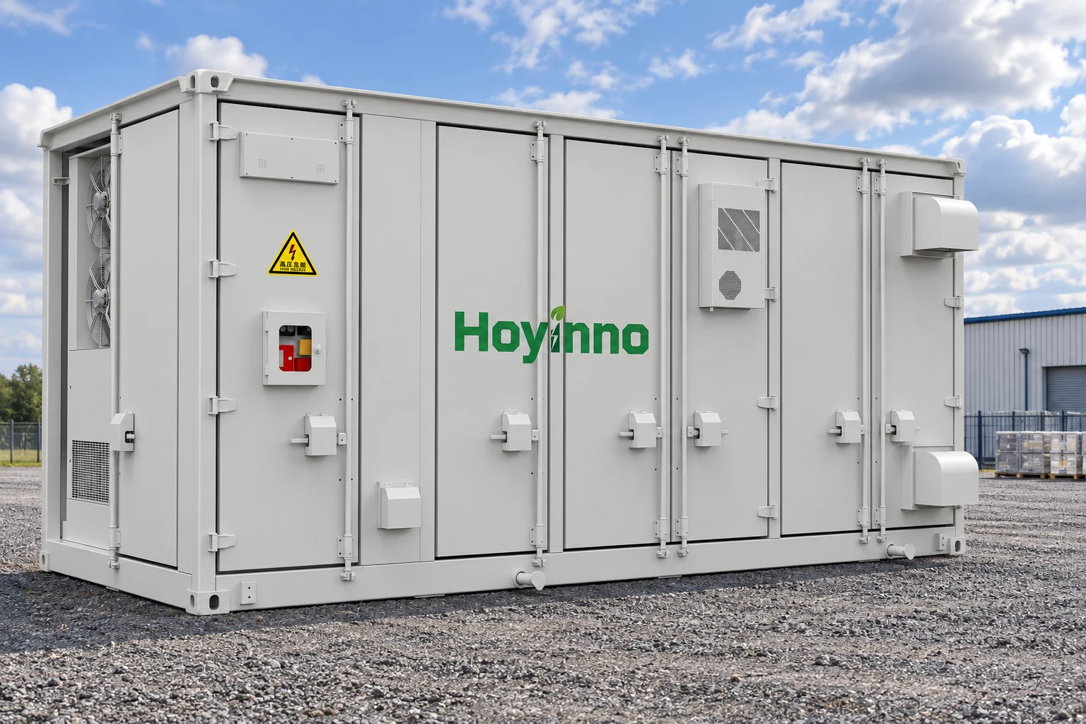 Hoyinno container energy storage unit with original brand and high voltage warning in an illustrative site scene