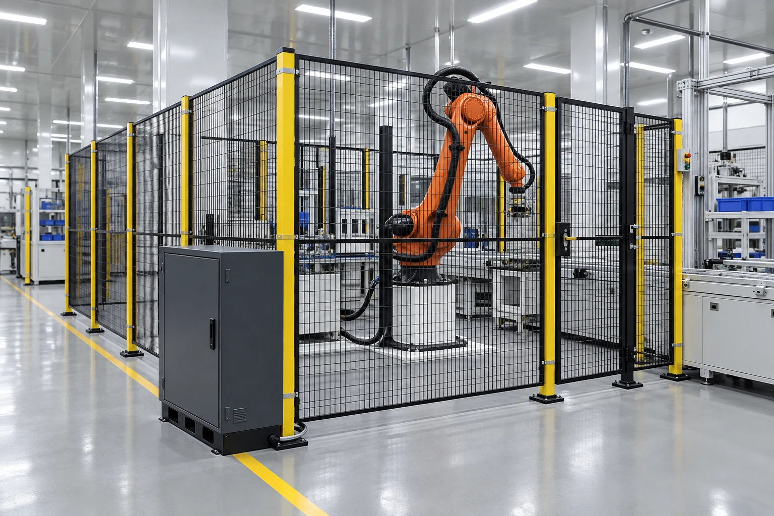 Illustrative guarded industrial robot area for discussing factory acceptance evidence